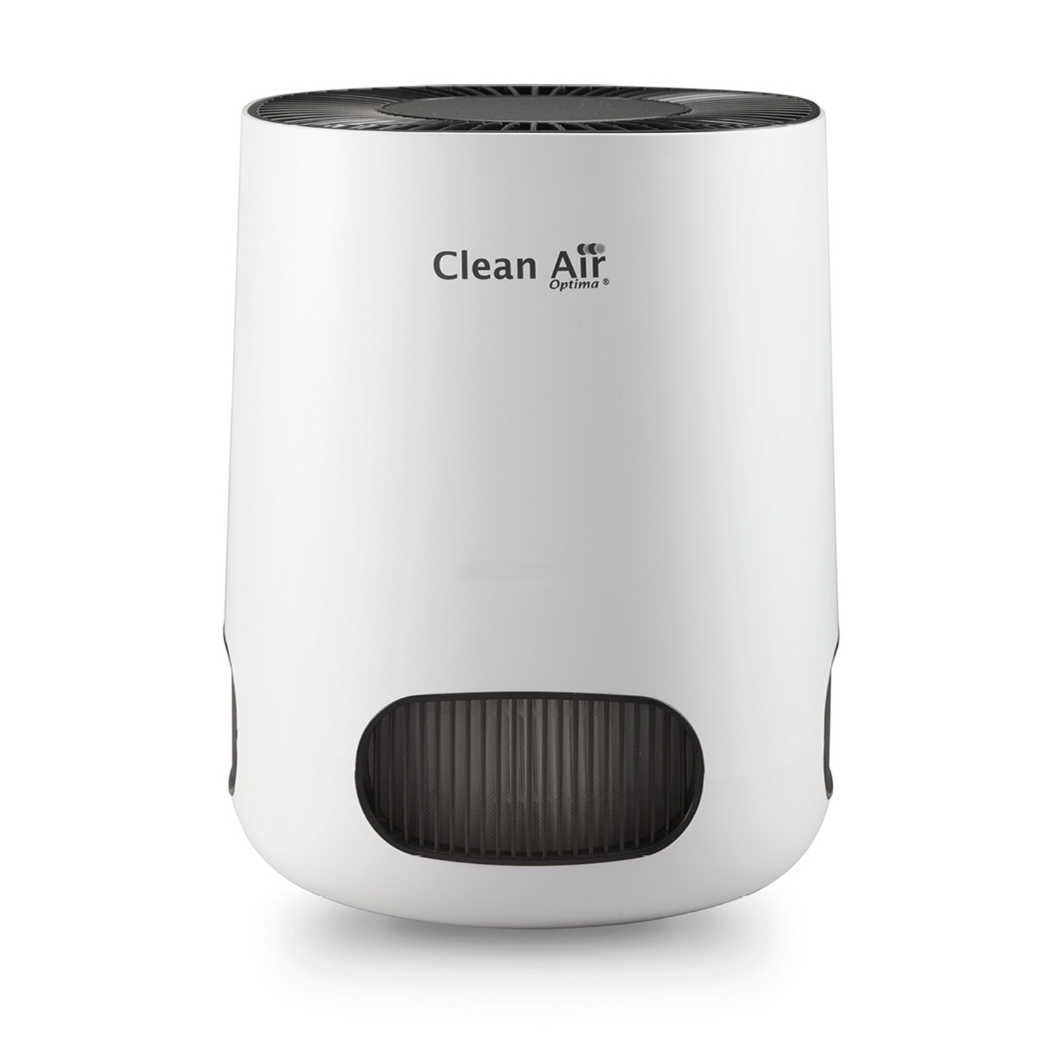 White air purifier with black vents. Isolated, white background.