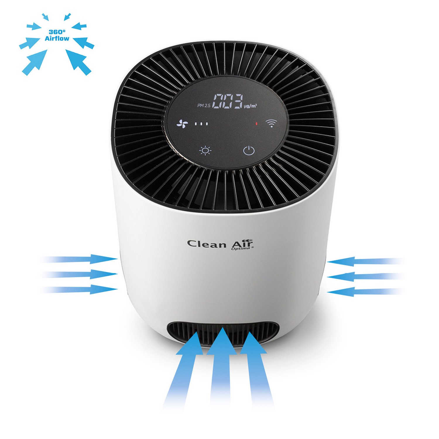 White air purifier with black top. Arrows indicate airflow. Text reads 'Clean Air Optima'.