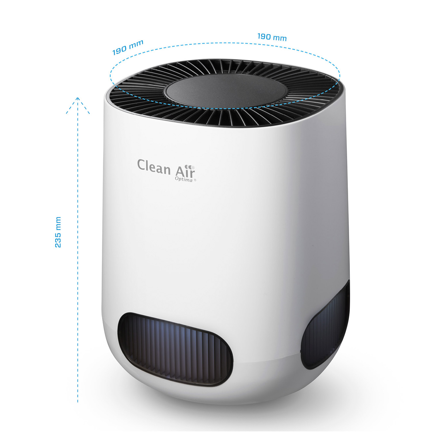White air purifier with dimensions, clean air text. White background.