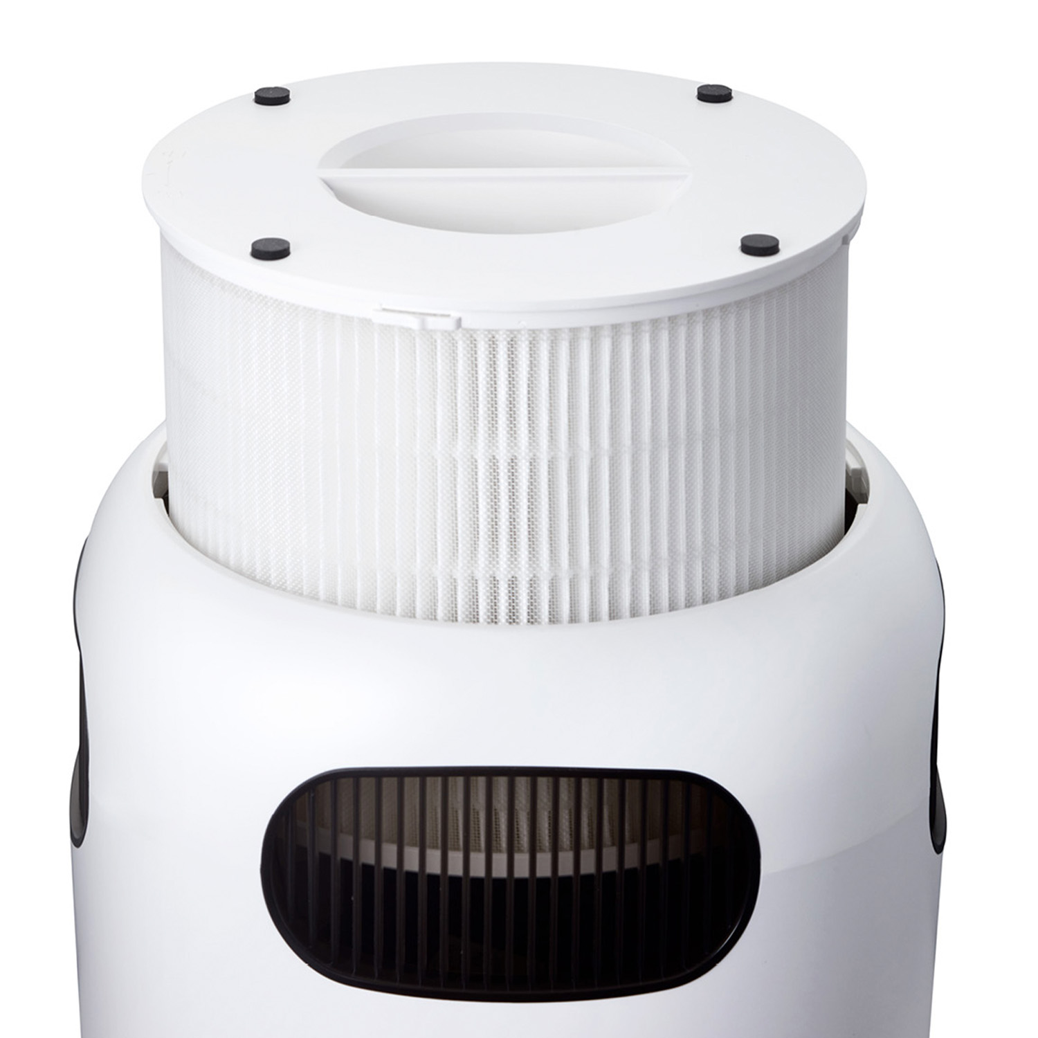 White air purifier with a cylindrical filter on top. Black accents and a vent at the bottom.