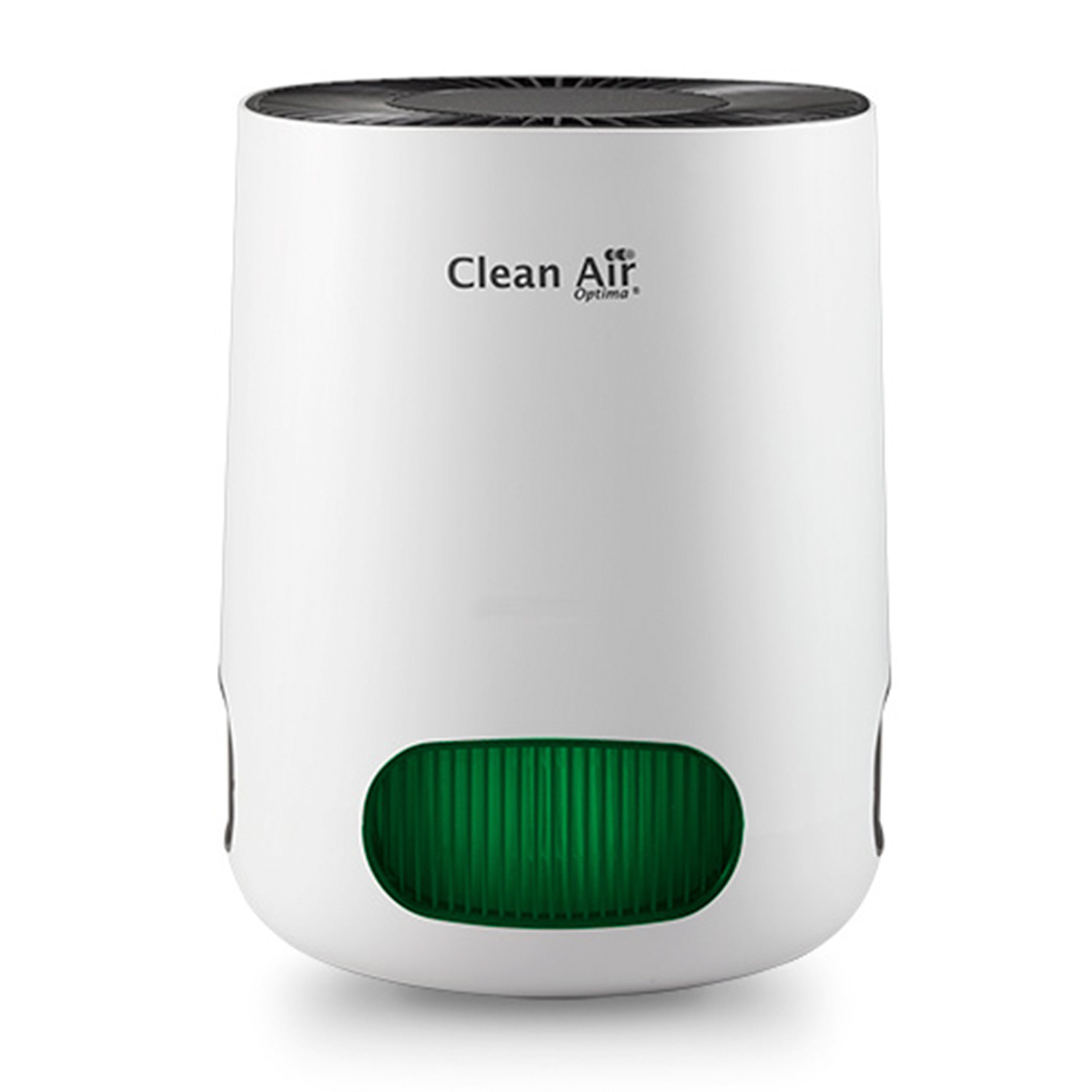 White air purifier with green light and text. White background.