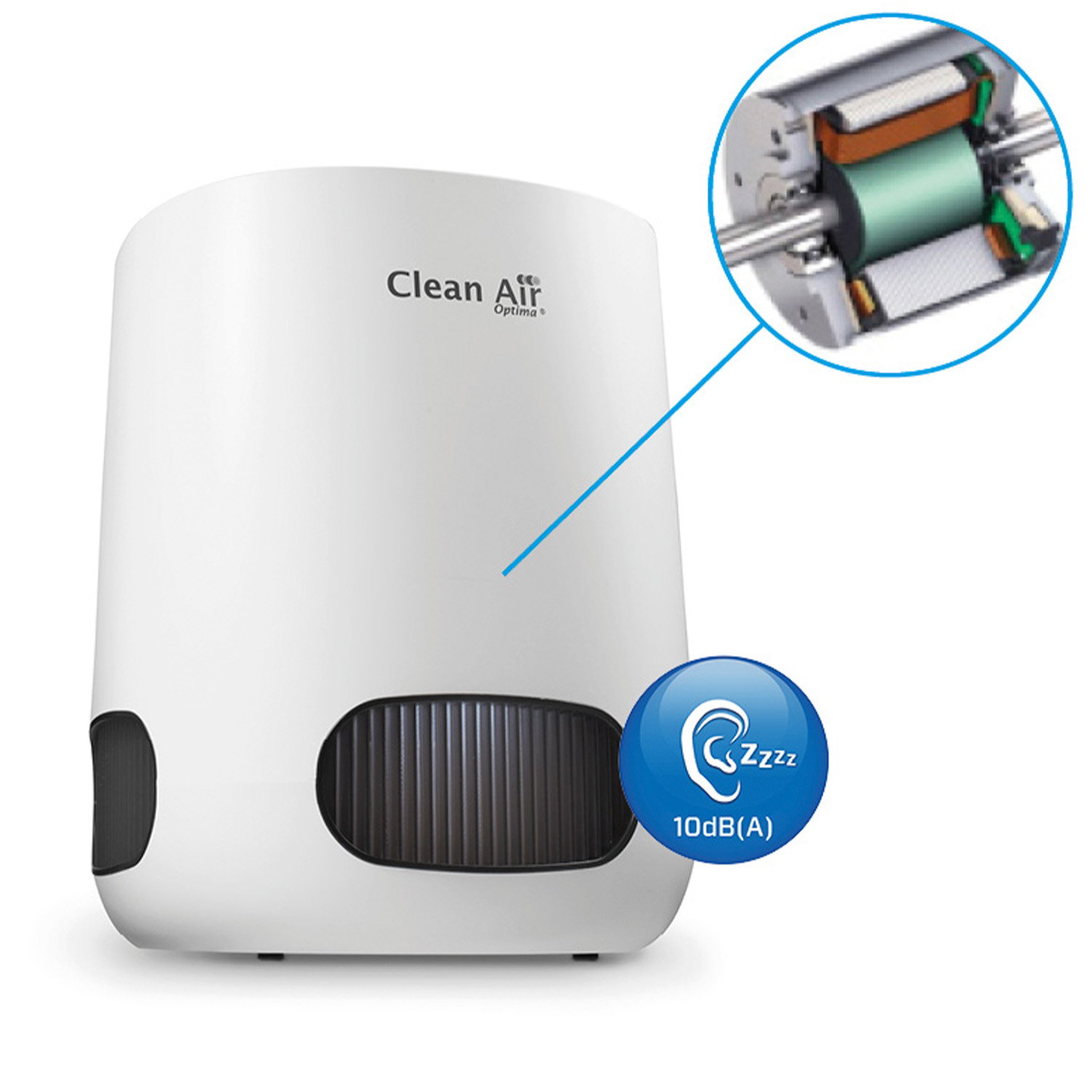White air purifier with a dark vent and a close-up of the internal motor.
