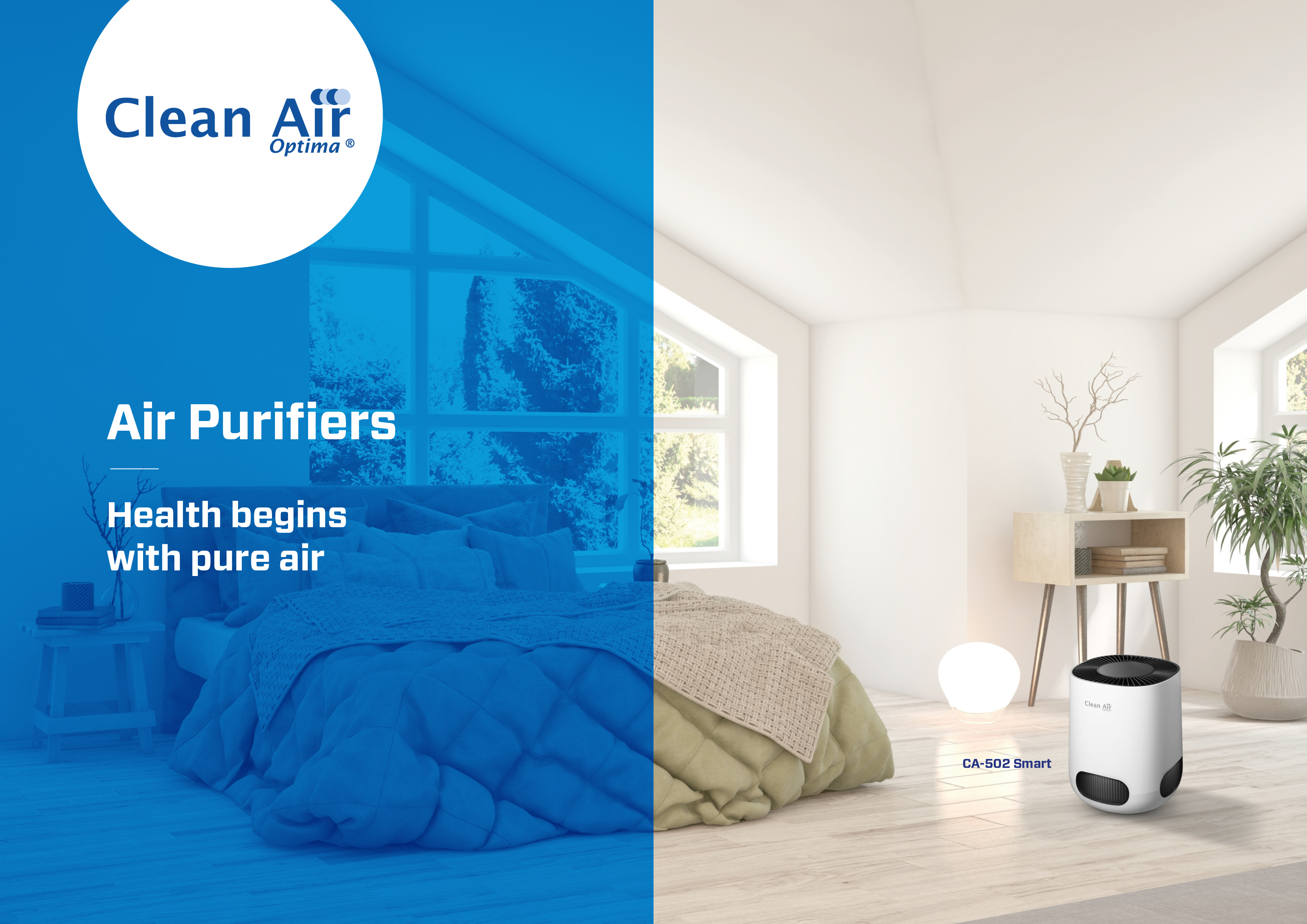 A bedroom with an air purifier, bed, and window, promoting clean air and health.