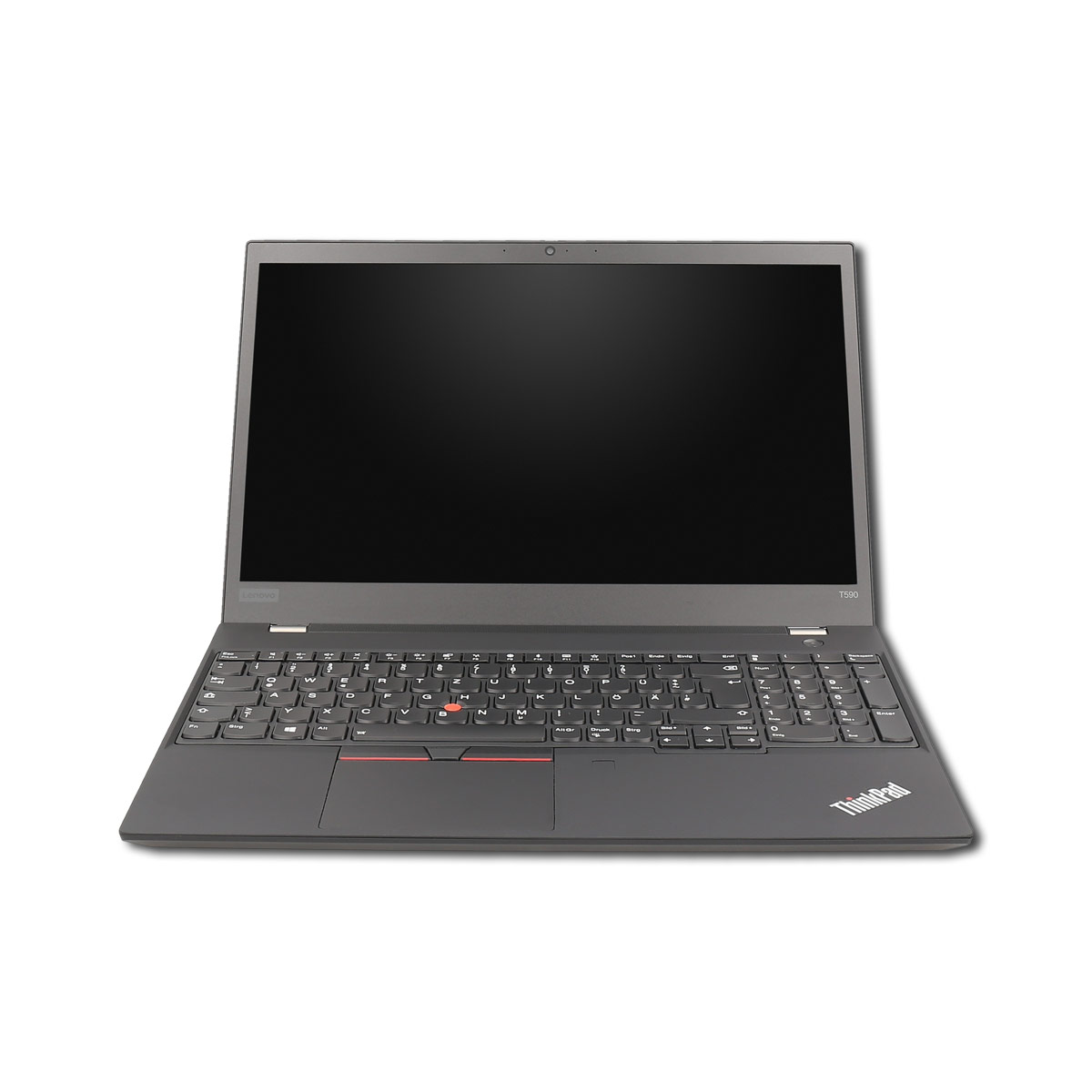 Schwarzer Laptop mit leerem Bildschirm, Tastatur sichtbar und ThinkPad-Logo.
