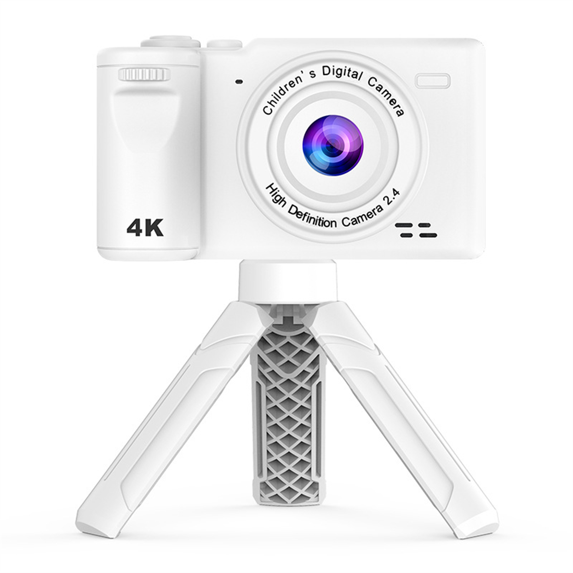 Weiße Kinderkamera mit Stativ. Sie hat ein Objektiv und 4K steht an der Seite.