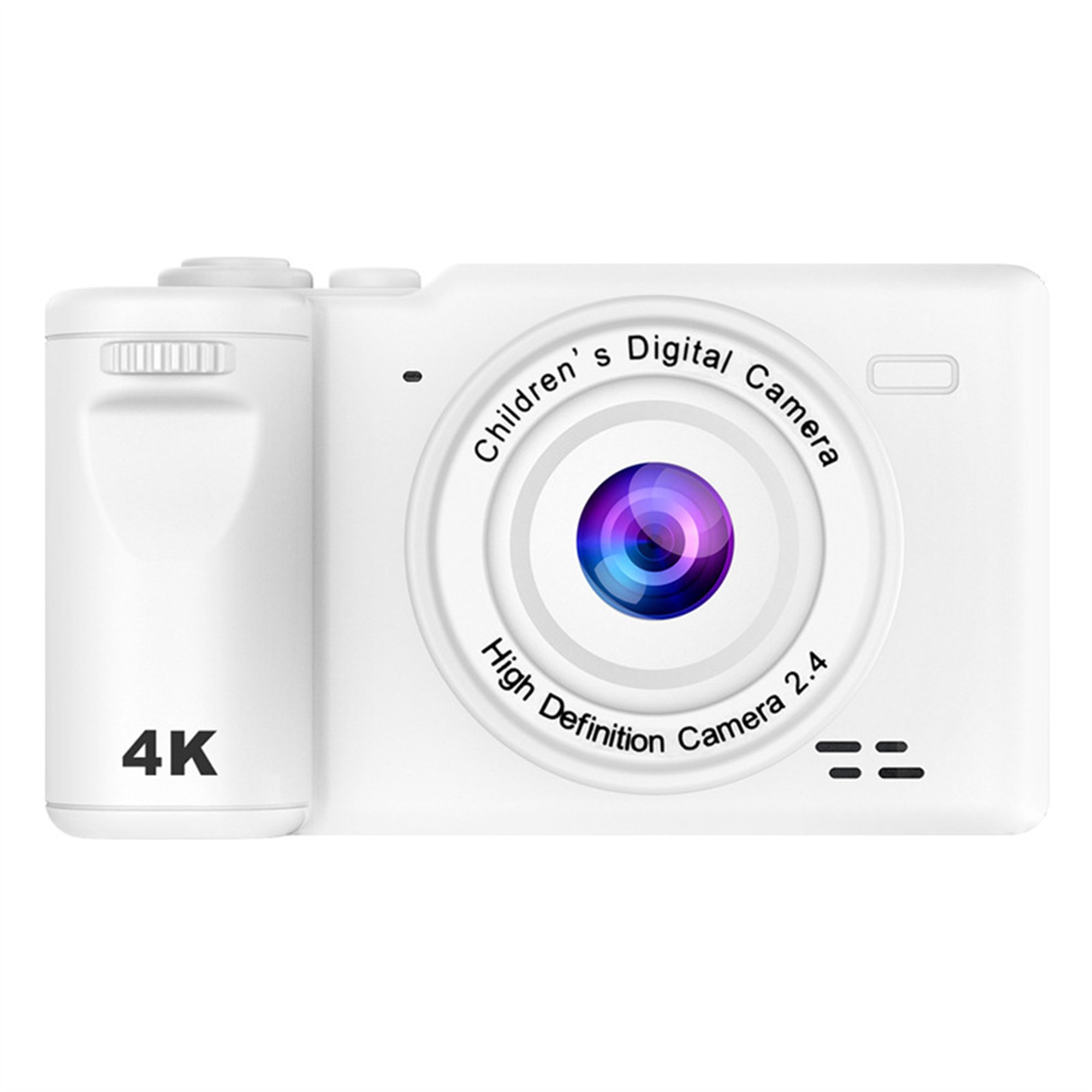 Eine weiße Digitalkamera mit lila Linse und Text, der 'Children's Digital Camera 2.4' lautet.