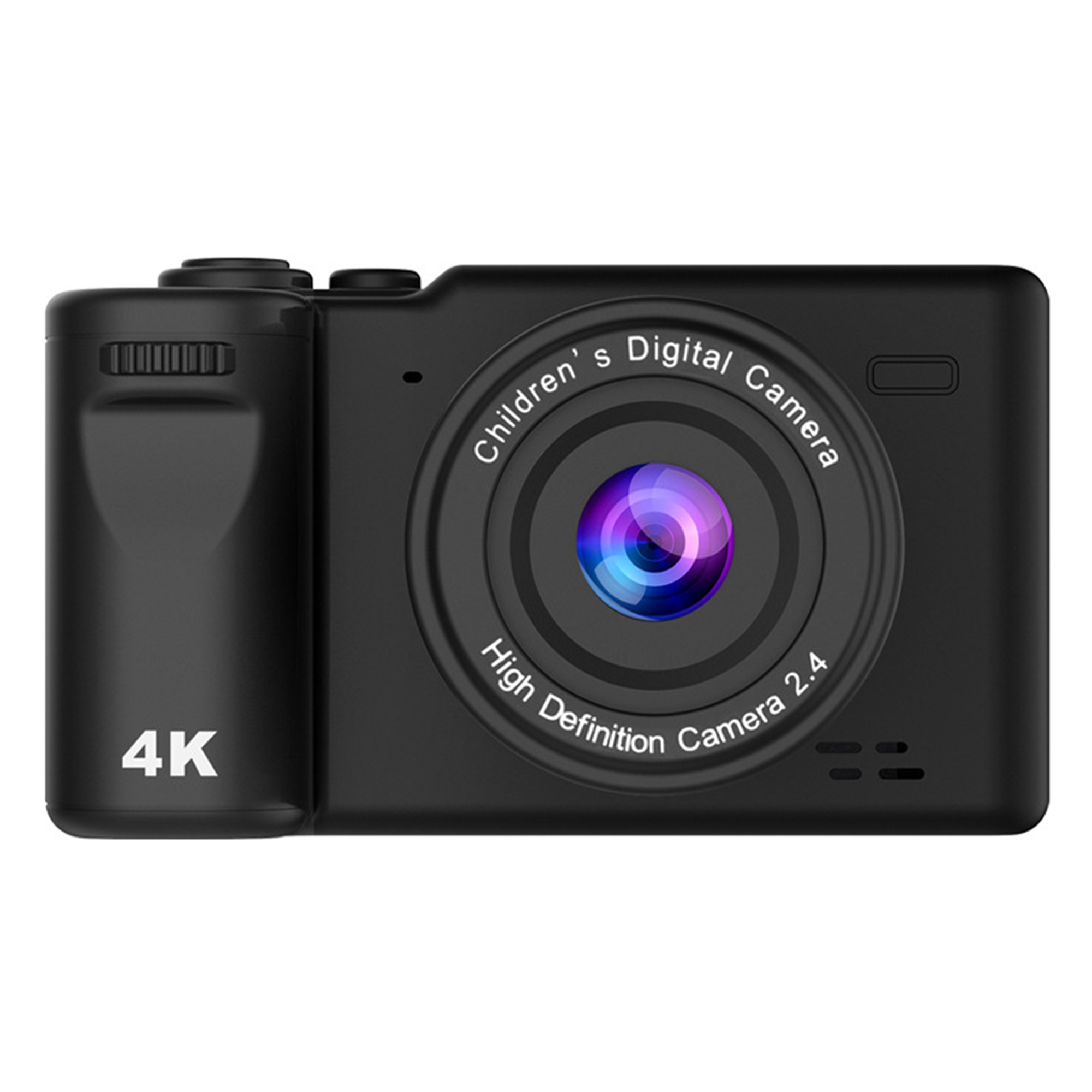 Schwarze digitale Kinderkamera. Sie hat ein Objektiv und einen kleinen Bildschirm. Es ist eine 4K-Kamera.