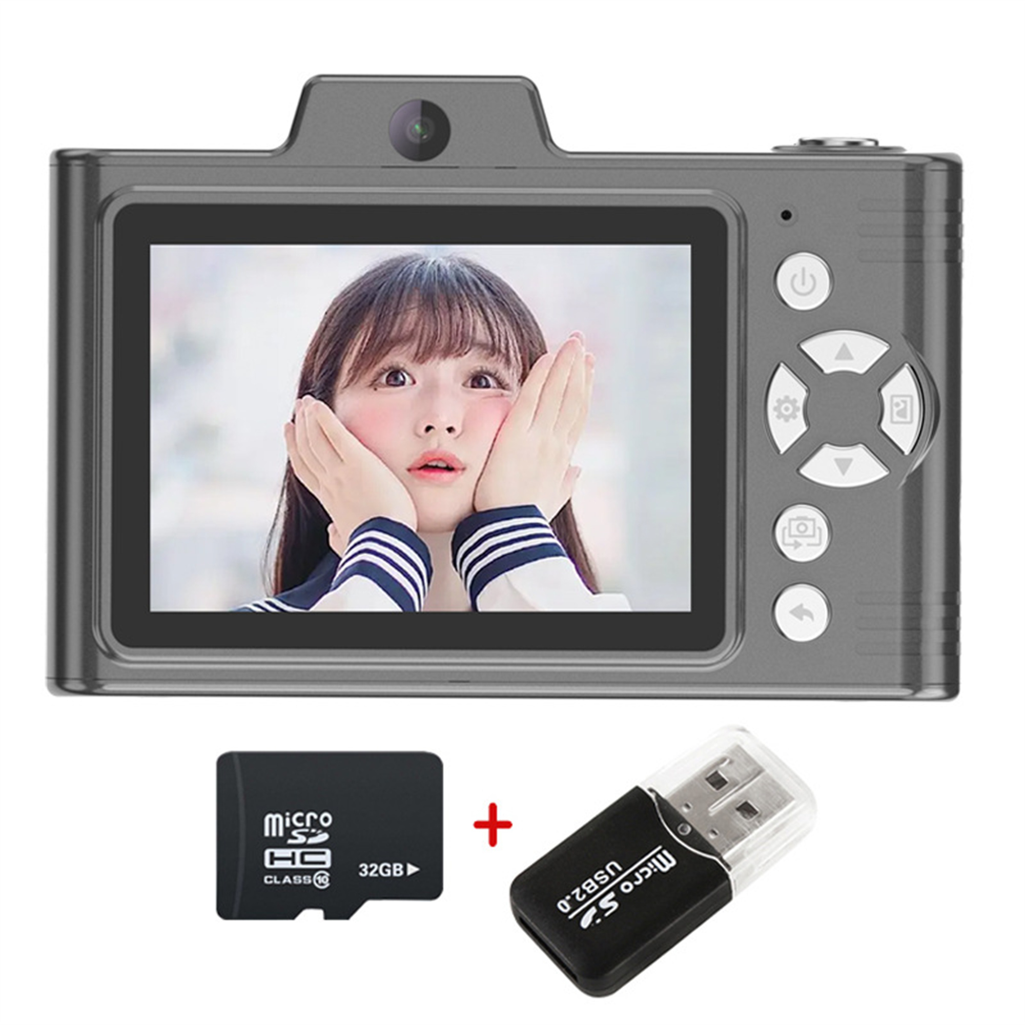 Graue Digitalkamera mit Bildschirm, der ein Frauengesicht zeigt, plus SD-Karte und USB-Adapter.