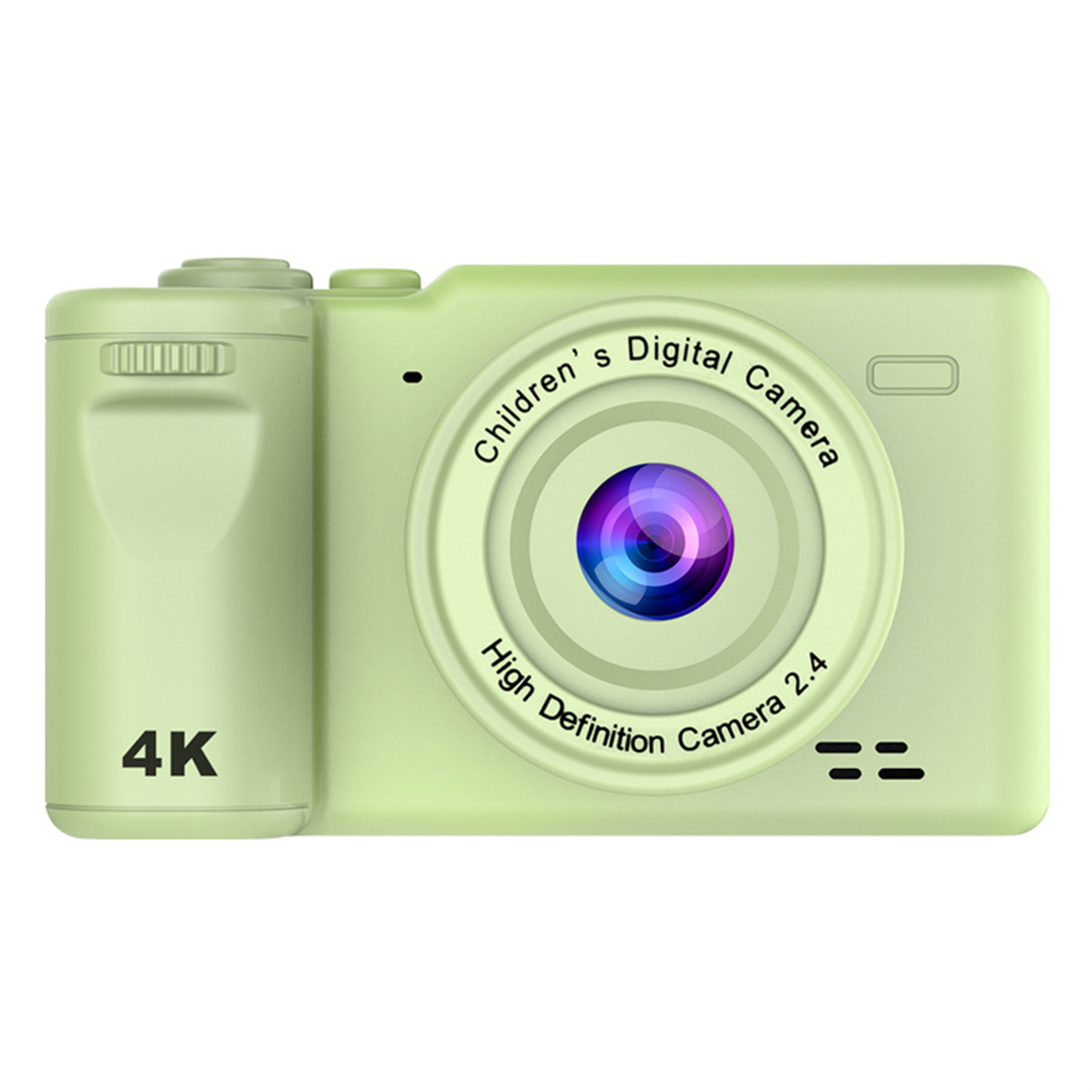 Grüne Kinder-Digitalkamera mit Objektiv, Knöpfen und 4K-Etikett. Sie hat ein großes Objektiv und Knöpfe.