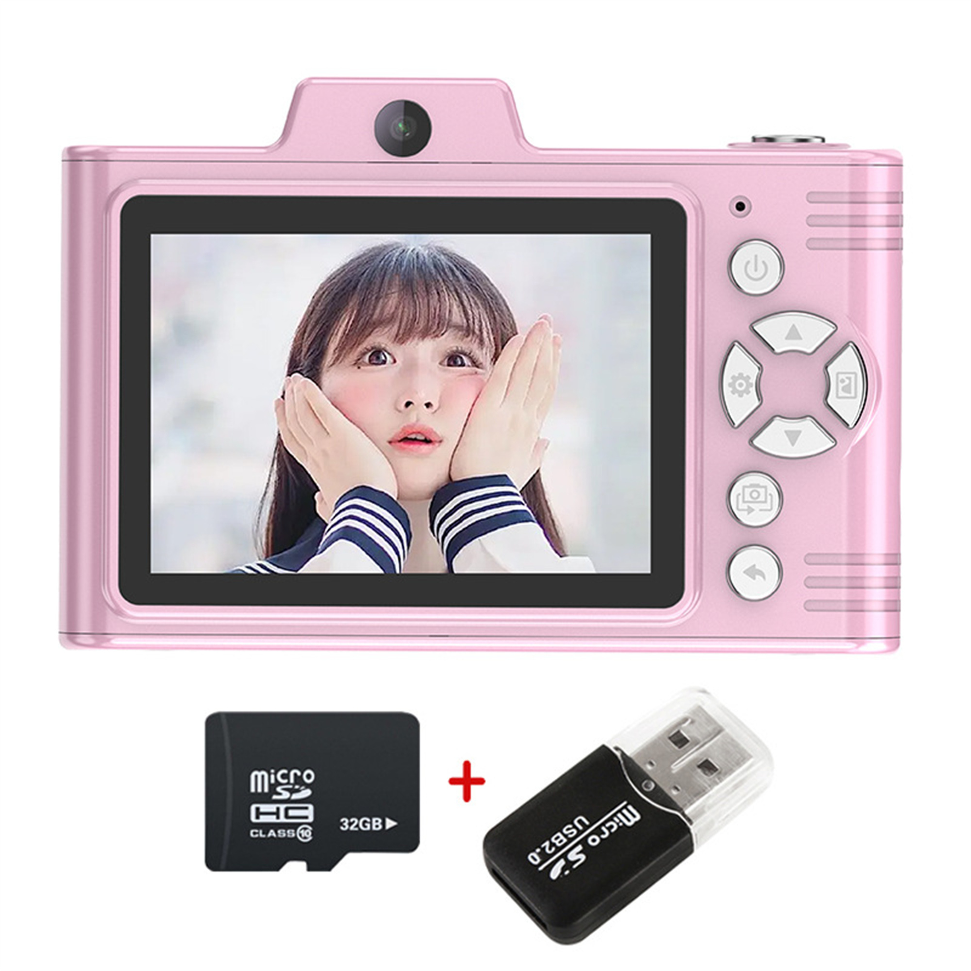 Eine rosa Digitalkamera mit dem Gesicht eines Mädchens auf dem Bildschirm. Inklusive SD-Karte und USB-Adapter.
