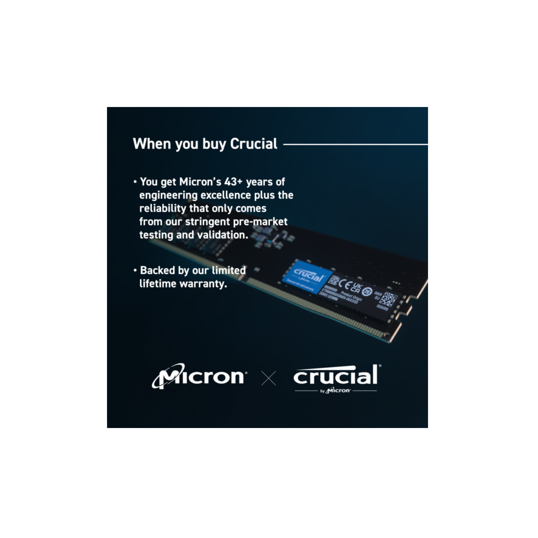 Crucial SSD auf dunkelblauem Hintergrund. Text hebt Garantie und Technik hervor. Micron- und Crucial-Logos.