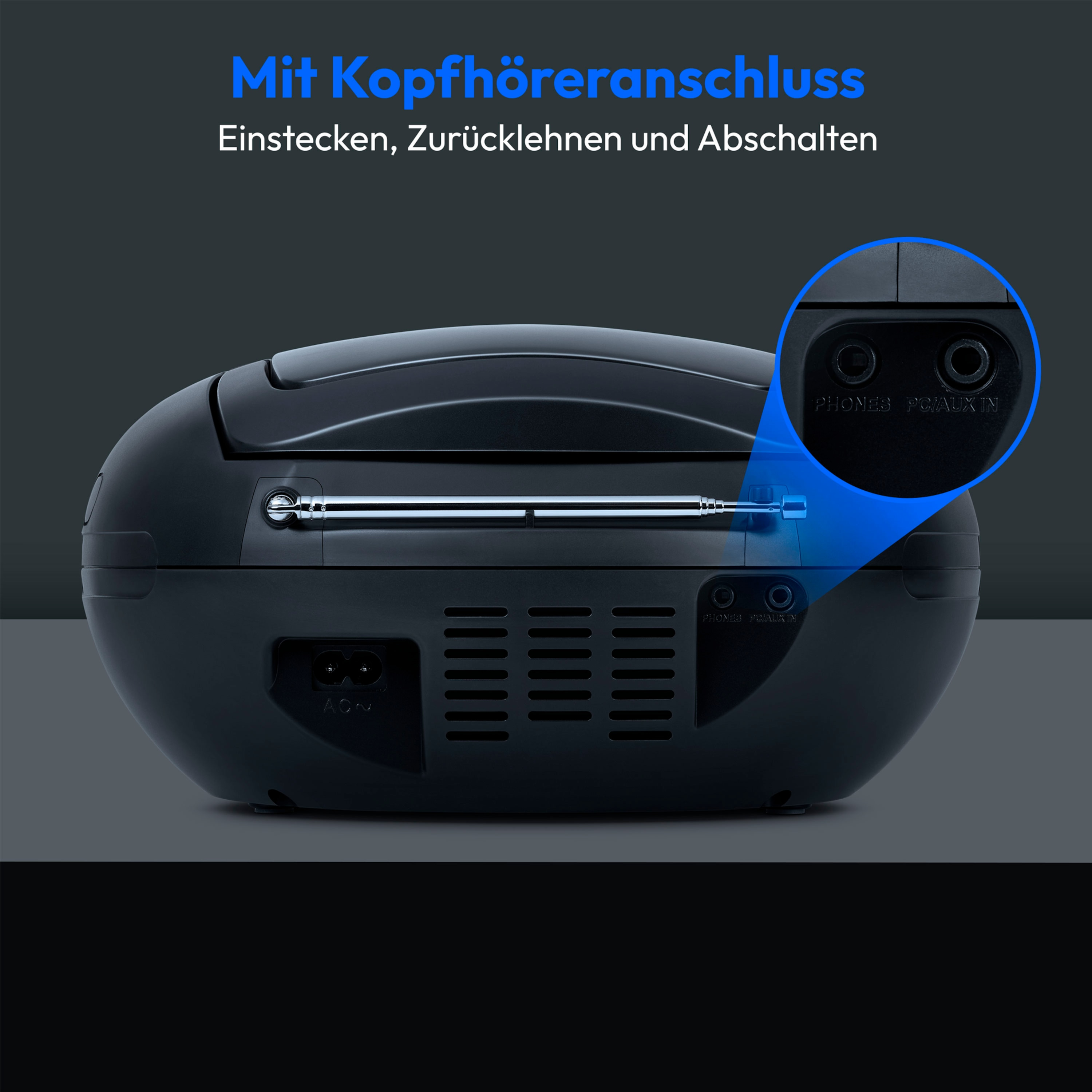 Schwarze Retro-Boombox mit Text im Kreis, blauem Licht und den Wörtern „Kopfhörer“ und „Aux“.