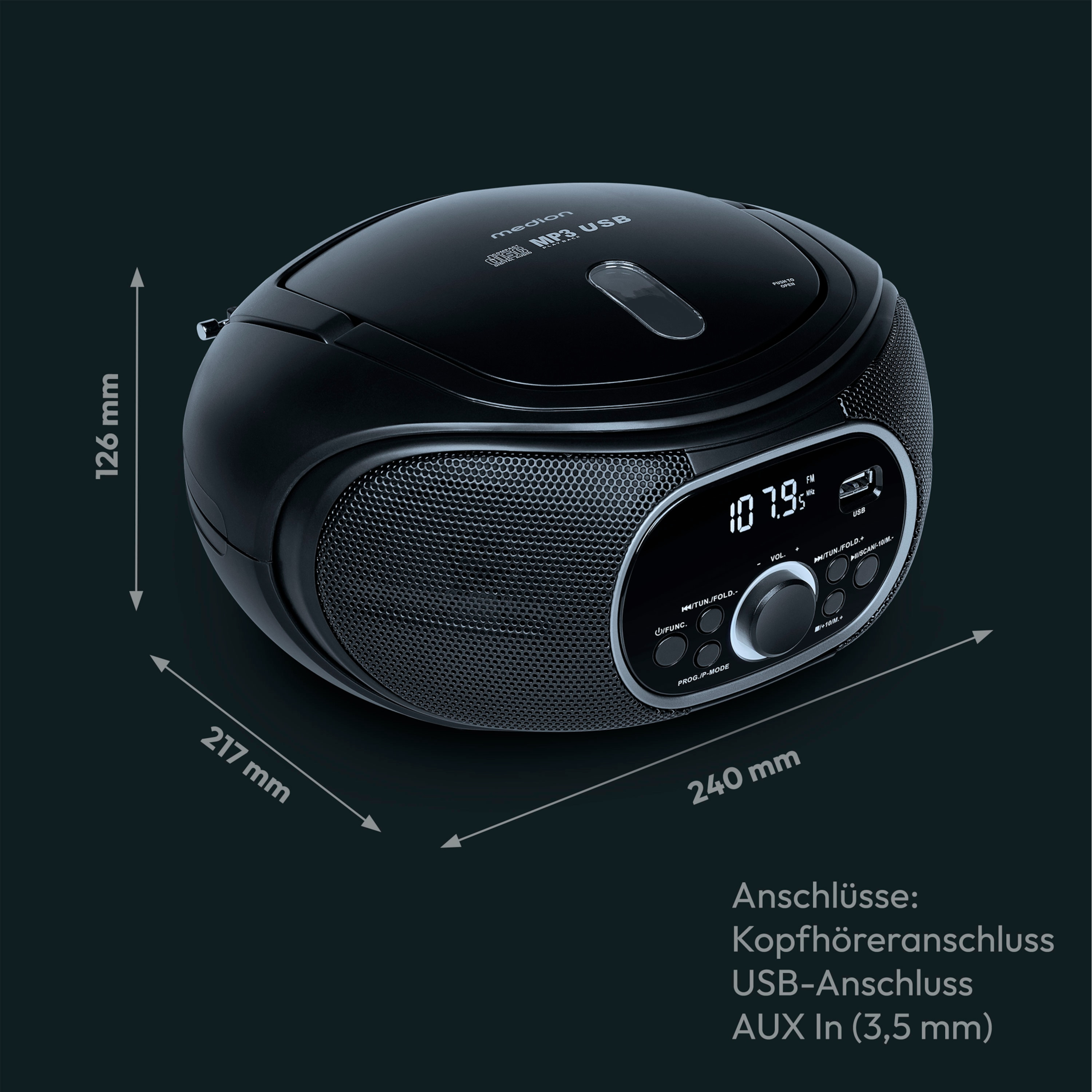 Schwarzes Radio mit Maßen und Beschriftungen. Eine CD ist sichtbar.