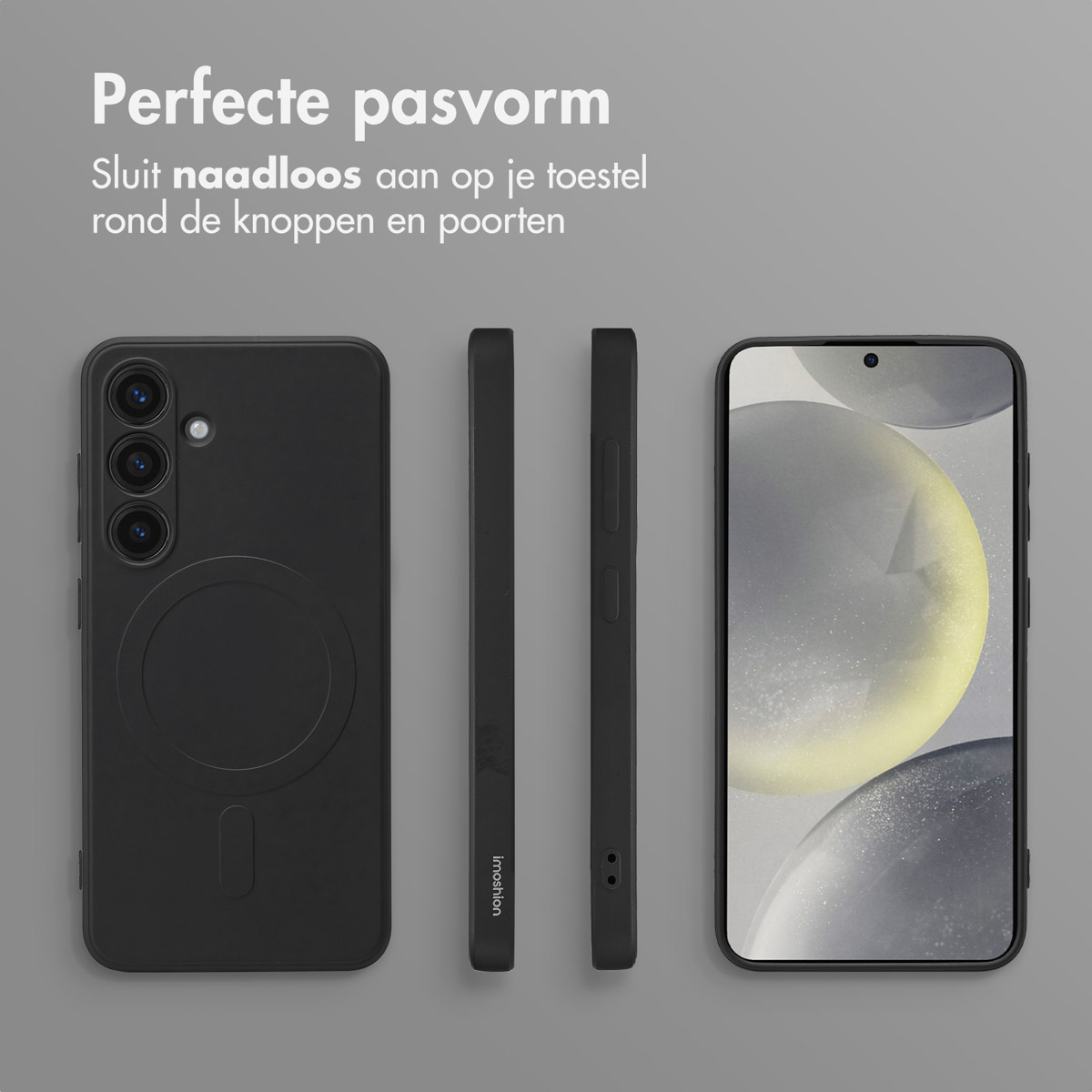Zwarte telefoonhoes met drie weergaven. De telefoon rechts. De hoes heeft een magnetische cirkel.