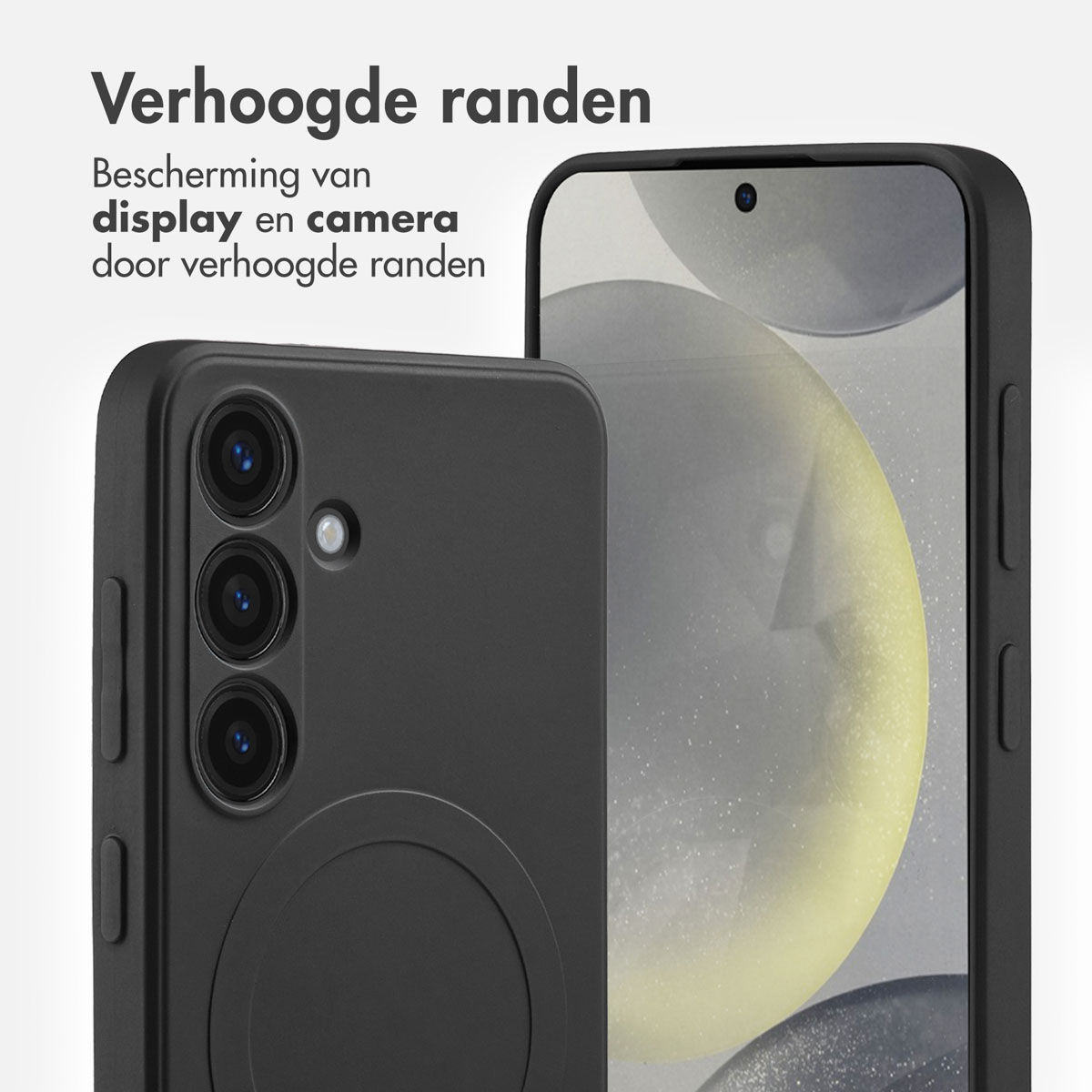 Close-up van een zwarte telefoonhoes met verhoogde randen die het scherm en de camera beschermt.