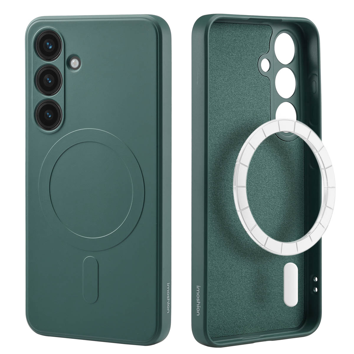 Twee telefoonhoesjes, één groen, één met een magnetische cirkel. De binnenkant is groen.