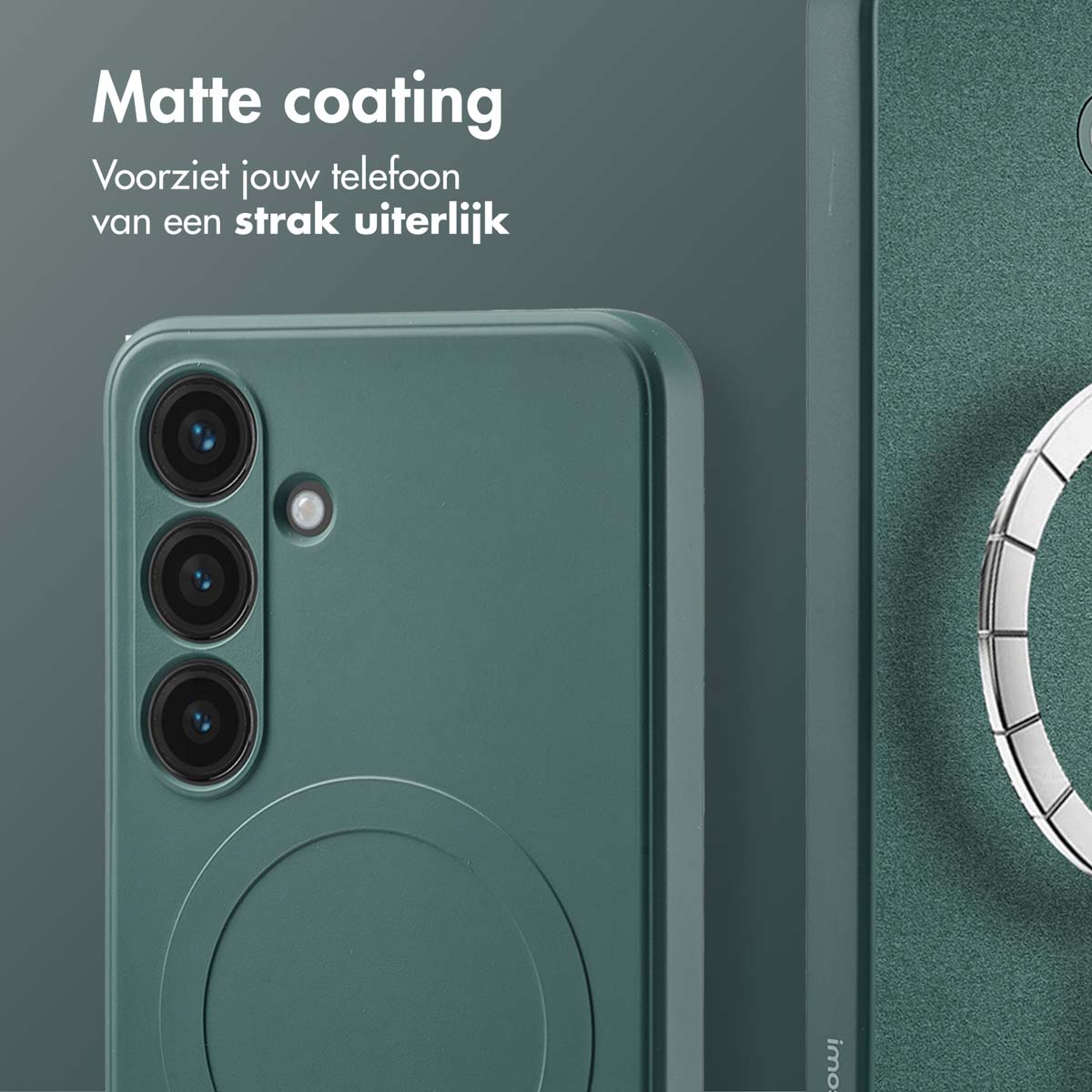 Een groene telefoonhoes met drie cameralenzen en een cirkelvormig element.