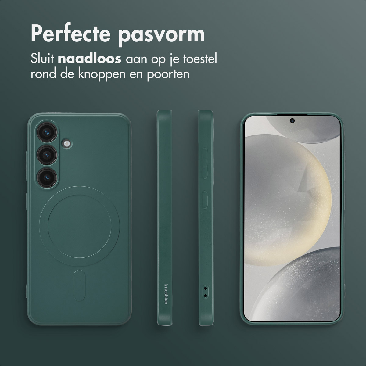 Groene telefoonhoes met drie weergaven: achterkant, zijkant en telefoonscherm. Het heeft een magnetische cirkel op de achterkant.