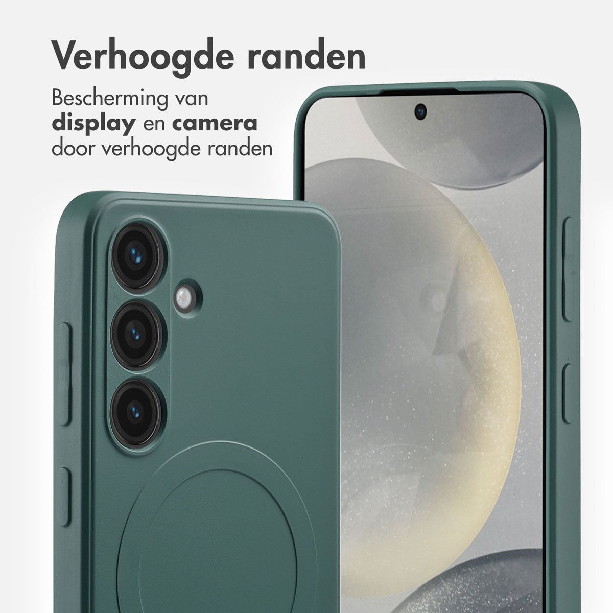 Groene telefoonhoes met een telefoon erin. De hoes heeft verhoogde randen. De achtergrond is wit.