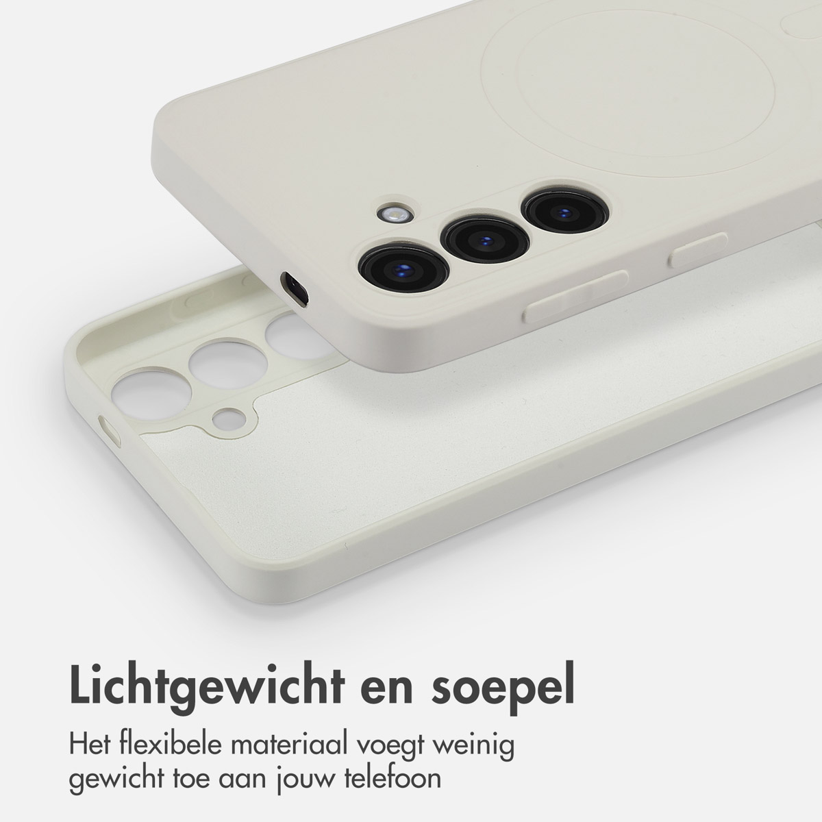 Witte telefoonhoes met uitsparing voor camera en magnetische ring, los van de basis.