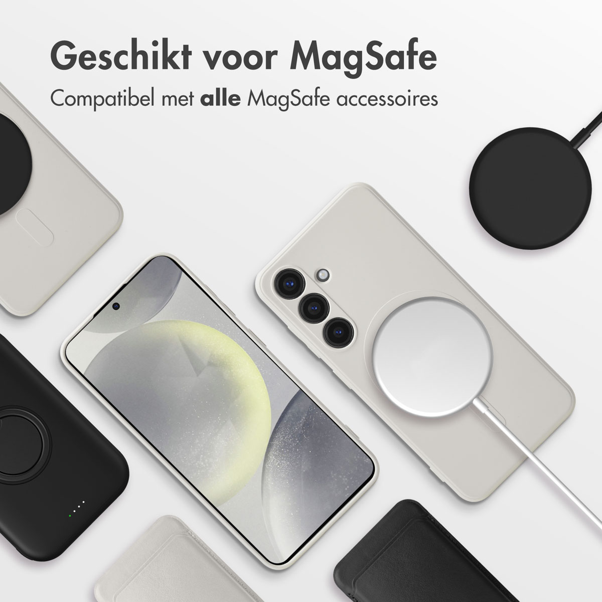 Meerdere telefoons met hoesjes en MagSafe-laders op een wit oppervlak. Verschillende kleuren.
