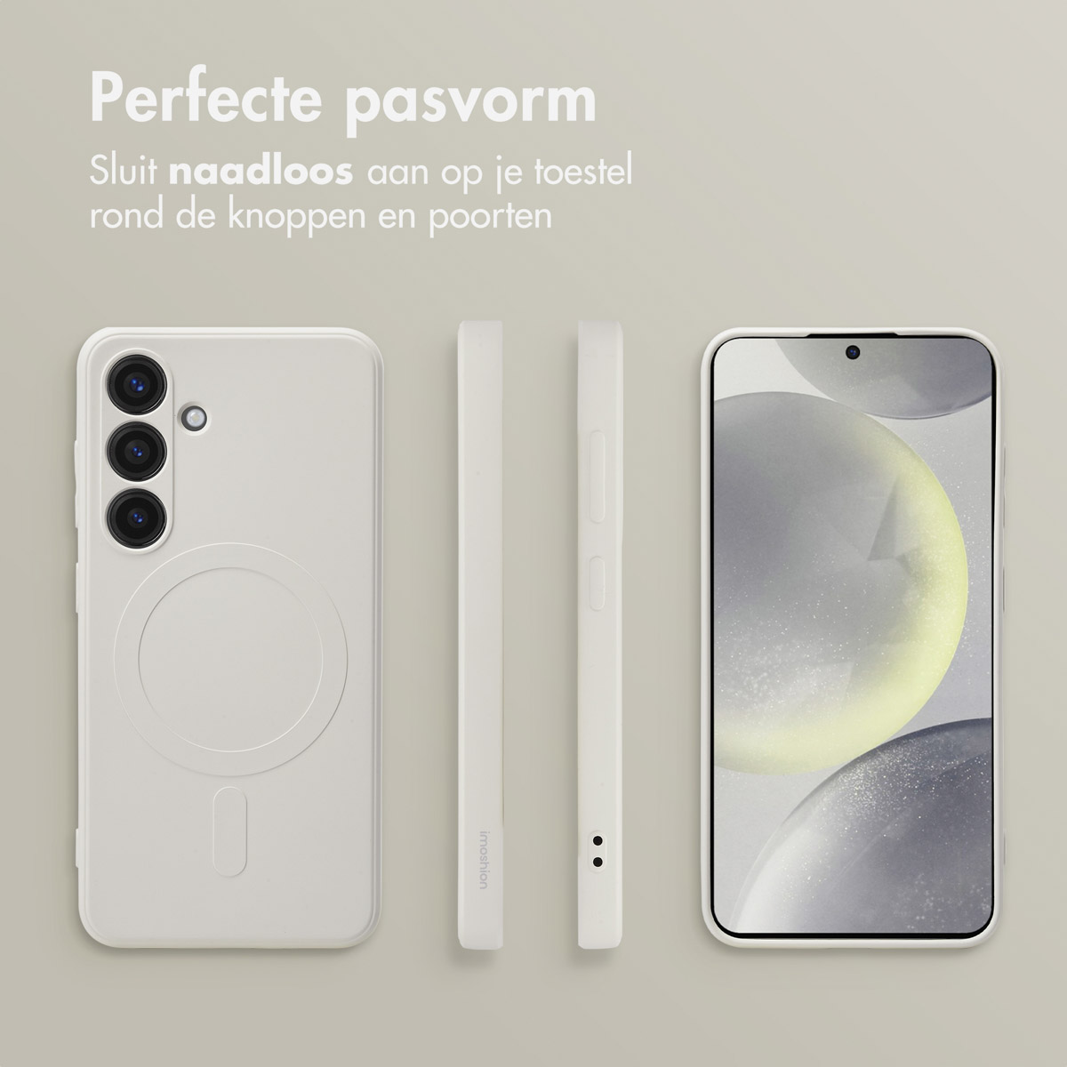 Drie witte telefoonhoesjes. Ze hebben een strak design.