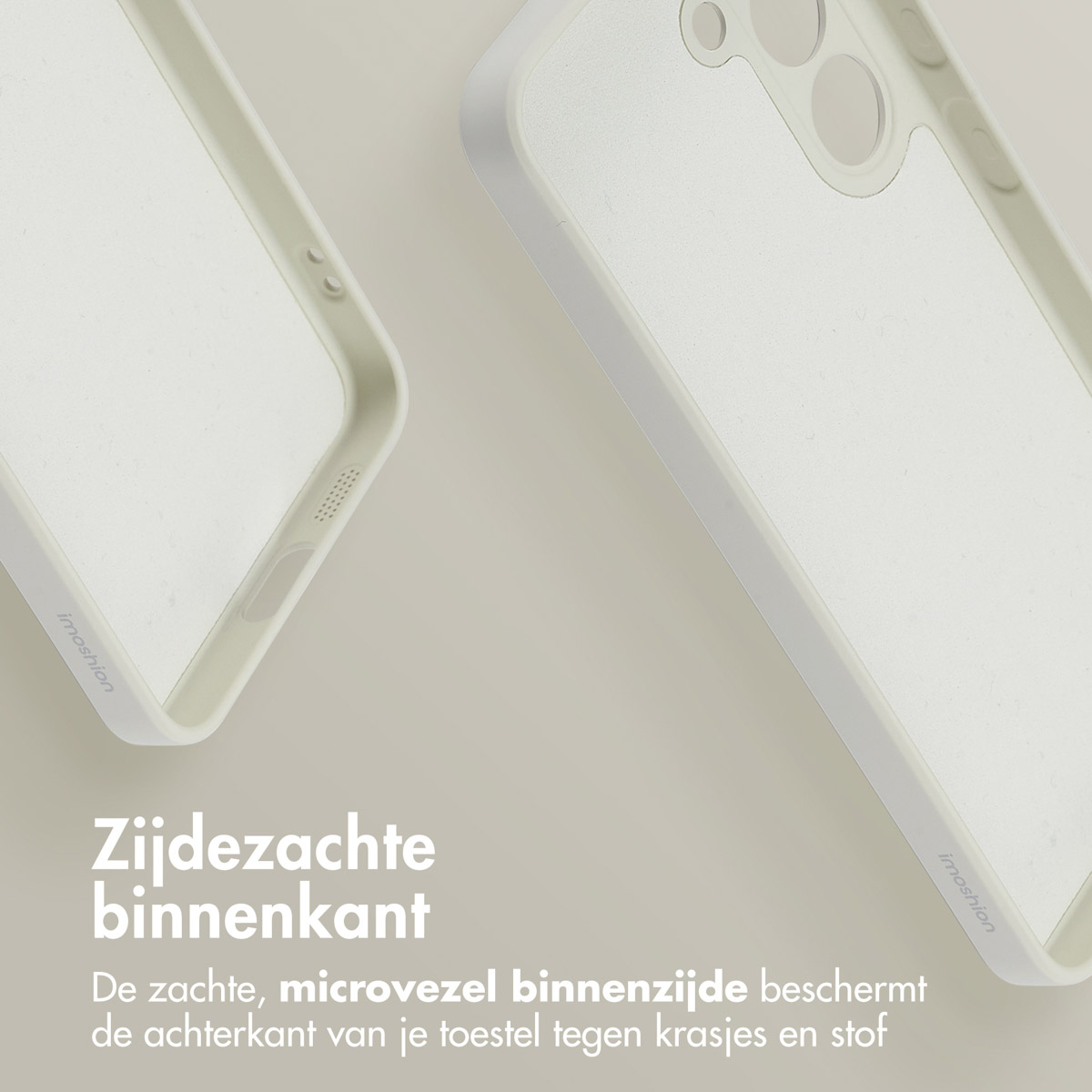 Twee witte telefoonhoesjes. Eén is open, met de binnenkant zichtbaar. Merknaam Imoshion zichtbaar.