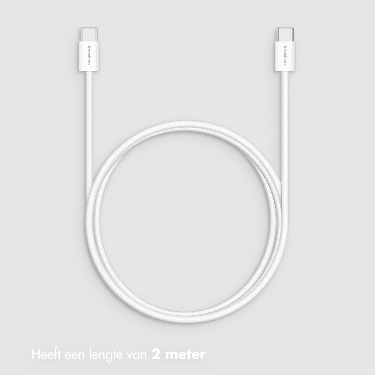 A white USB-C cable with two connectors on a gray background.