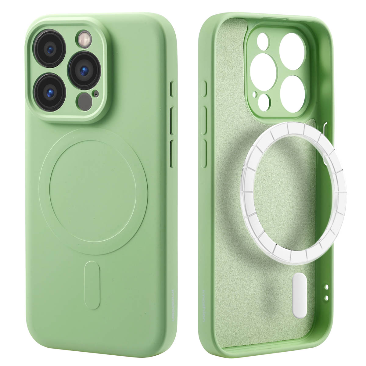 Groene telefoonhoes met magnetische ring, voor- en achteraanzicht.