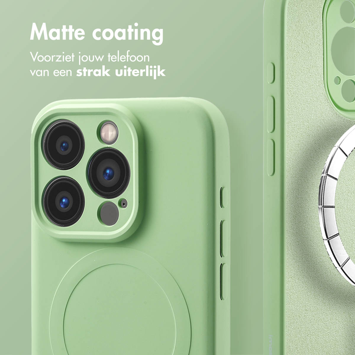 Groene telefoonhoes met camera-uitsparing en ring. Matte coating.