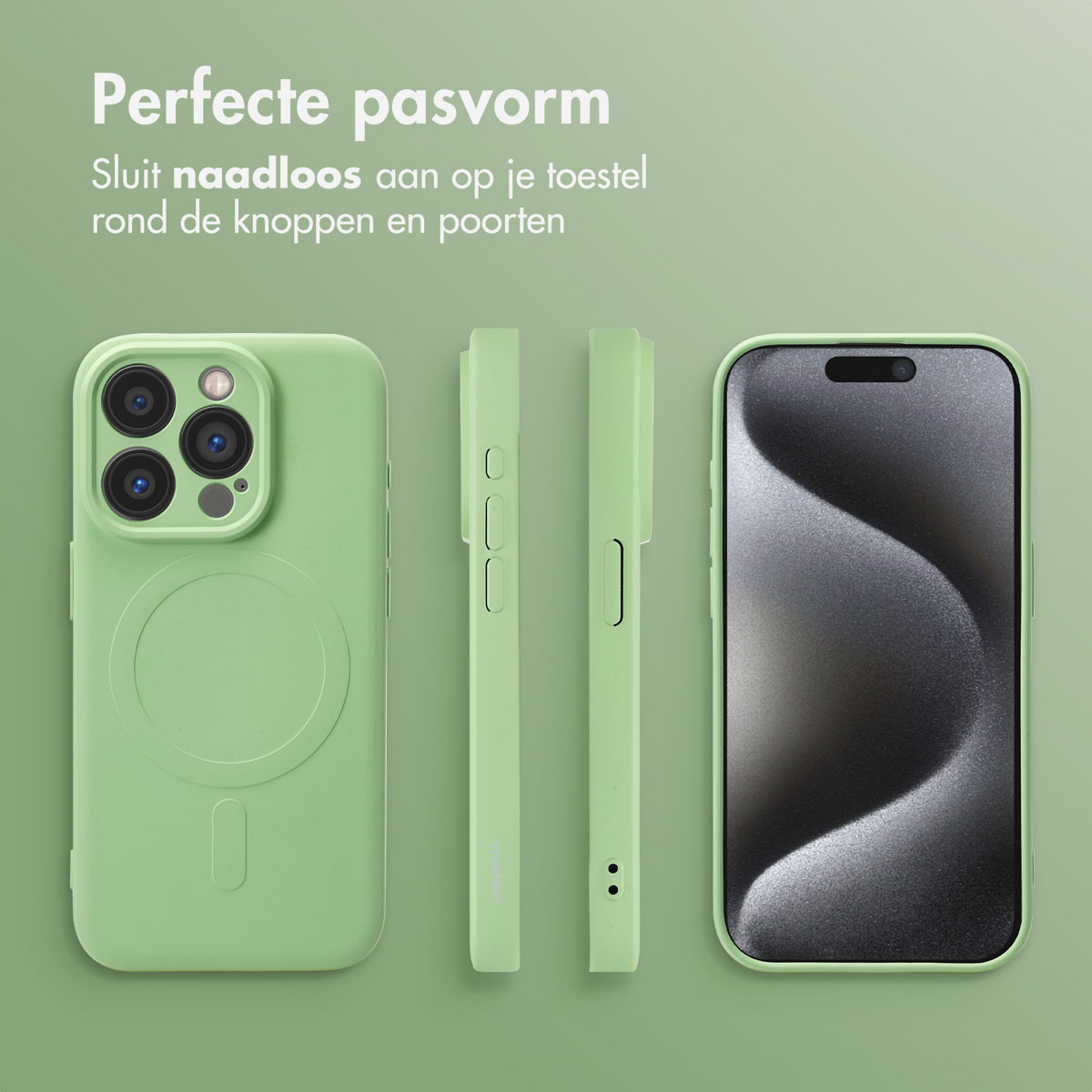Mintgroene telefoonhoes met een iPhone, met voorkant, zijkant en achterkant, tegen een groene achtergrond.