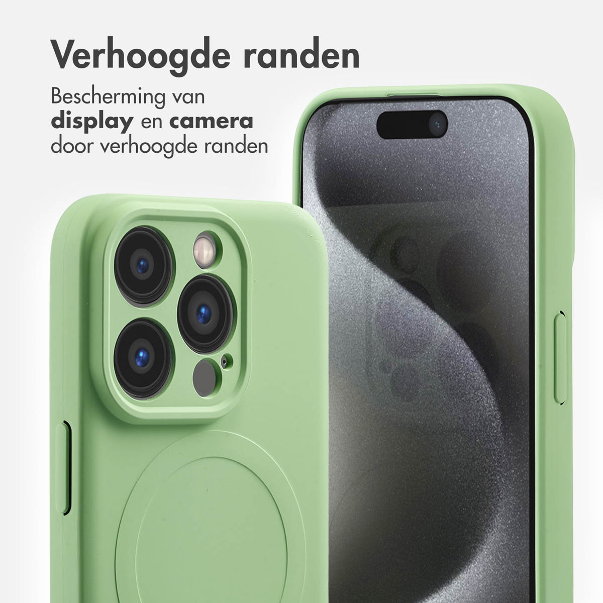 Twee groene telefoonhoesjes, één met cameradetail. Tekst: 'Verhoogde randen' en 'display en camera bescherming'.