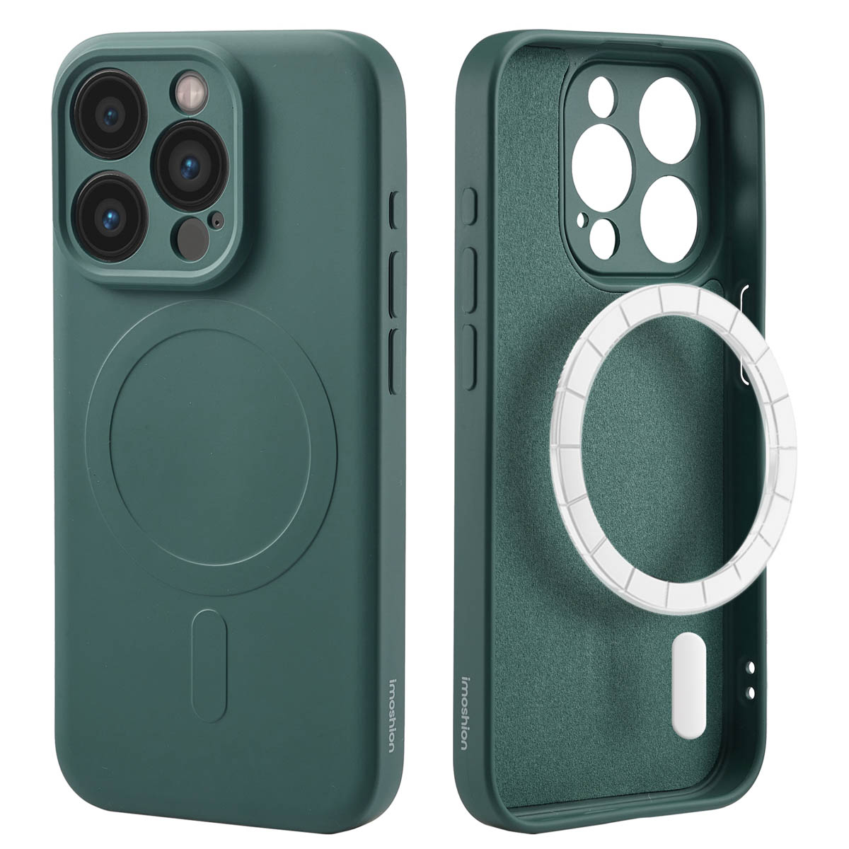 Deux coques de téléphone vertes. L'une montre l'extérieur avec des caméras, l'autre l'intérieur avec un anneau.