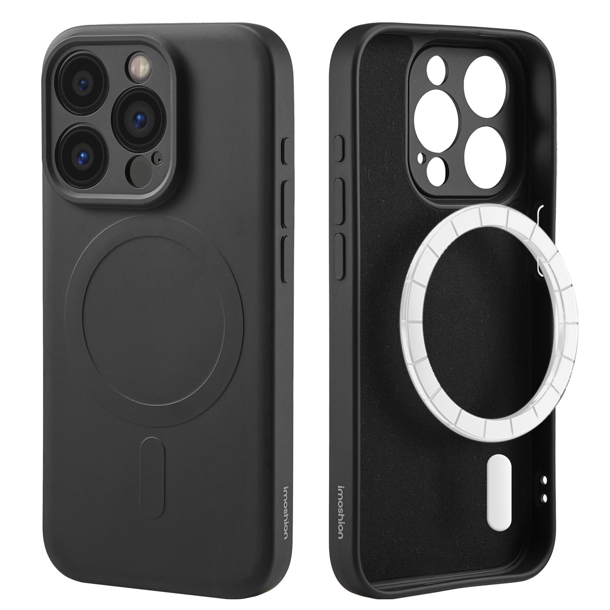 Zwarte telefoonhoes, voor- en achteraanzicht. Cirkel op de achterkant, open voor cameralenzen. Zwarte achtergrond.