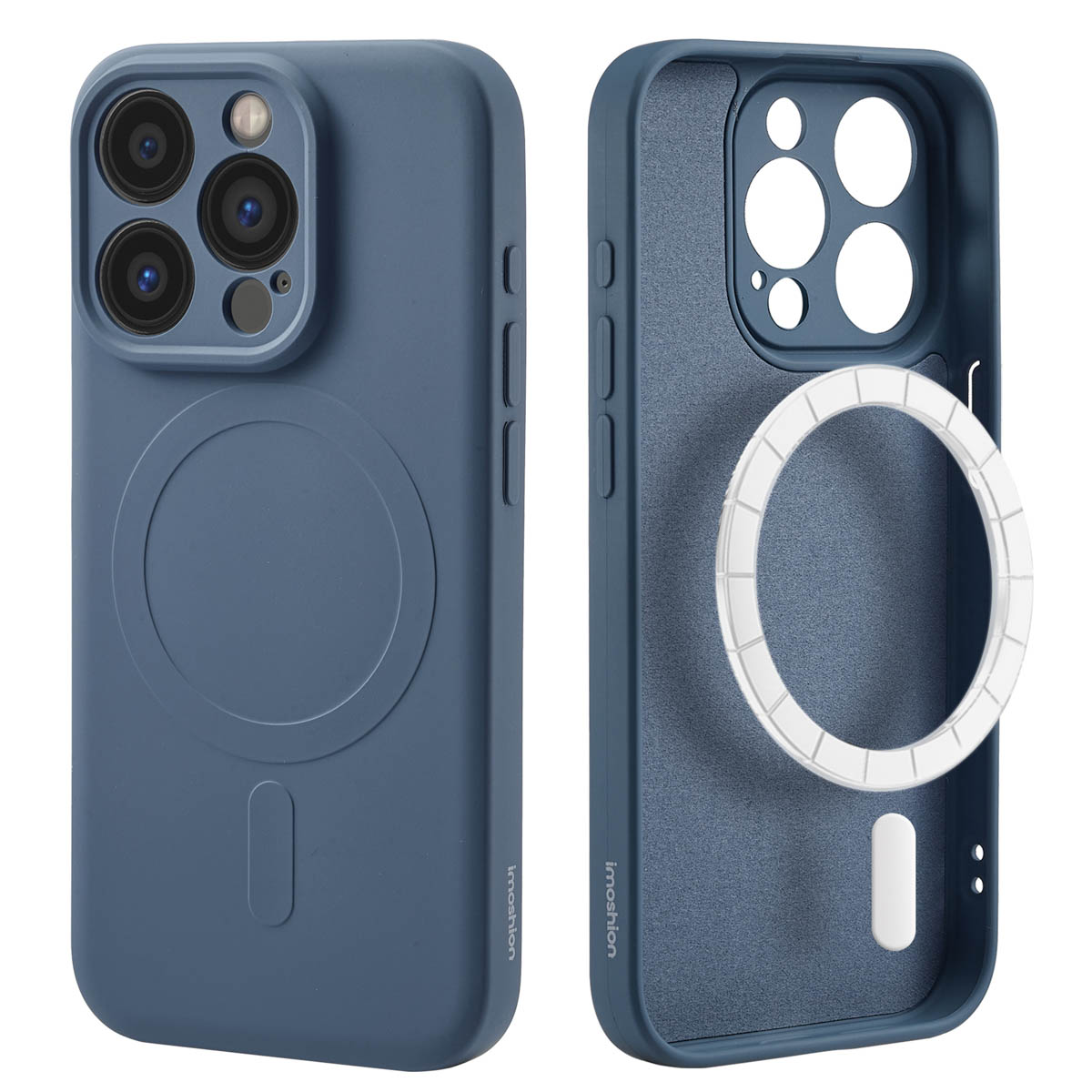 Deux coques de téléphone bleues : une avec anneau magnétique et une avec intérieur ouvert montrant le design.