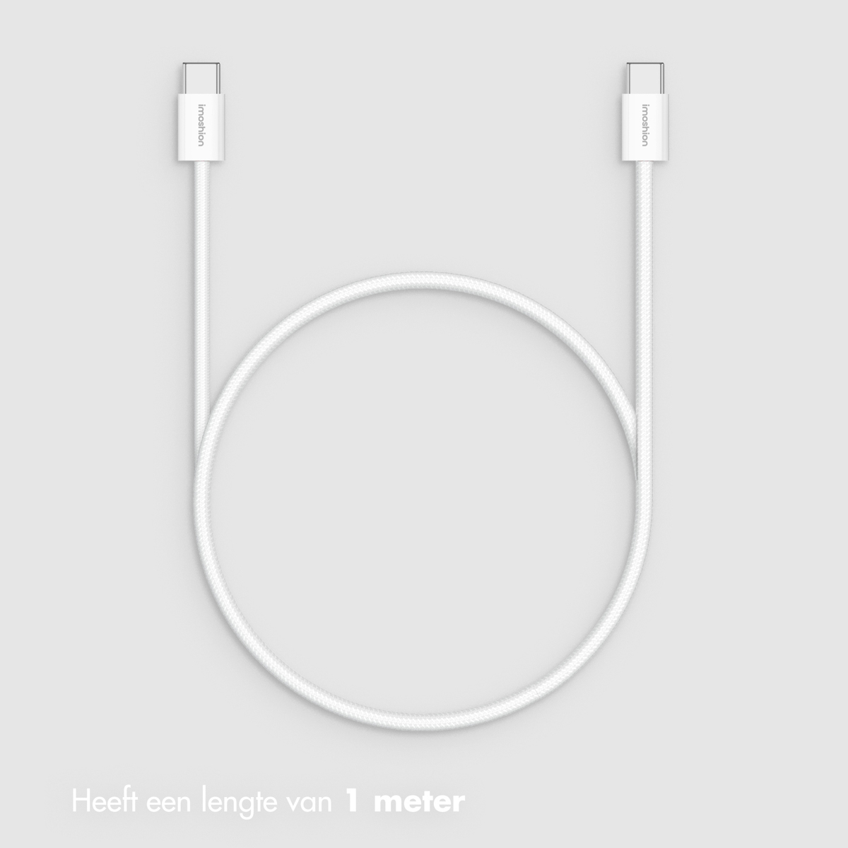 Un câble USB-C blanc en forme de boucle sur fond gris.