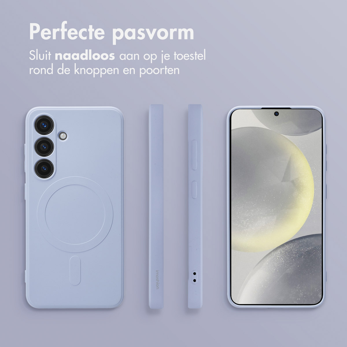 Lichtblauwe telefoonhoes, met telefoon en zijaanzichten.