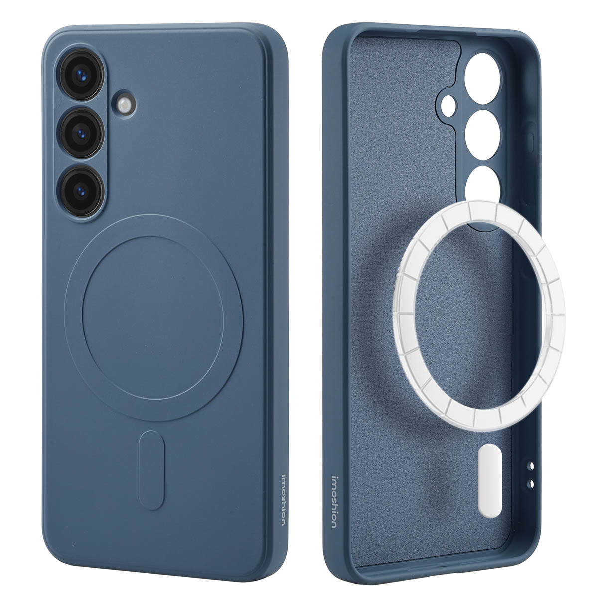 Deux coques de téléphone : coque bleue avec cercle, vue intérieure montrant un cercle blanc.