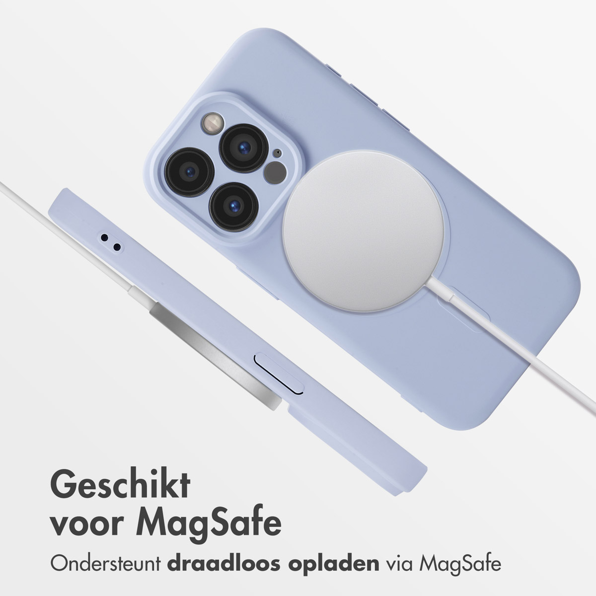 Een blauwe telefoon met een witte cirkellader en een witte kabel.
