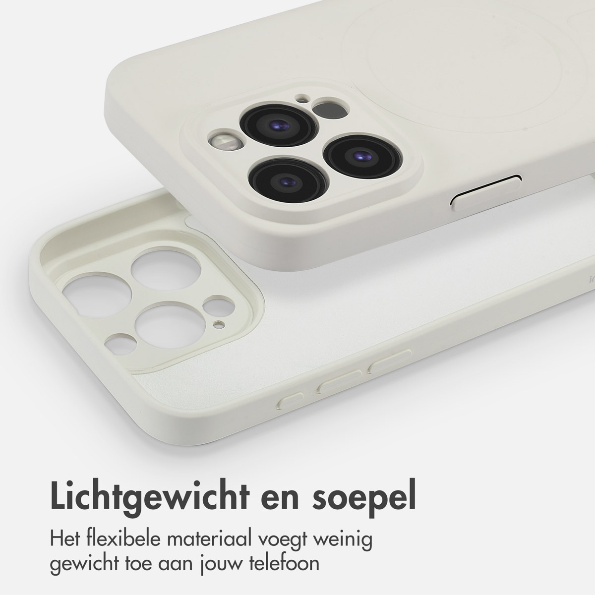 Witte telefoonhoes met een licht crèmekleur. De achterkant, met cameraholes, is open.