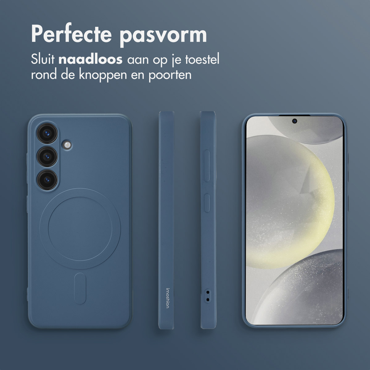Coque de téléphone et téléphone bleus. L'étui a une découpe pour l'appareil photo et est montré sous différents angles.
