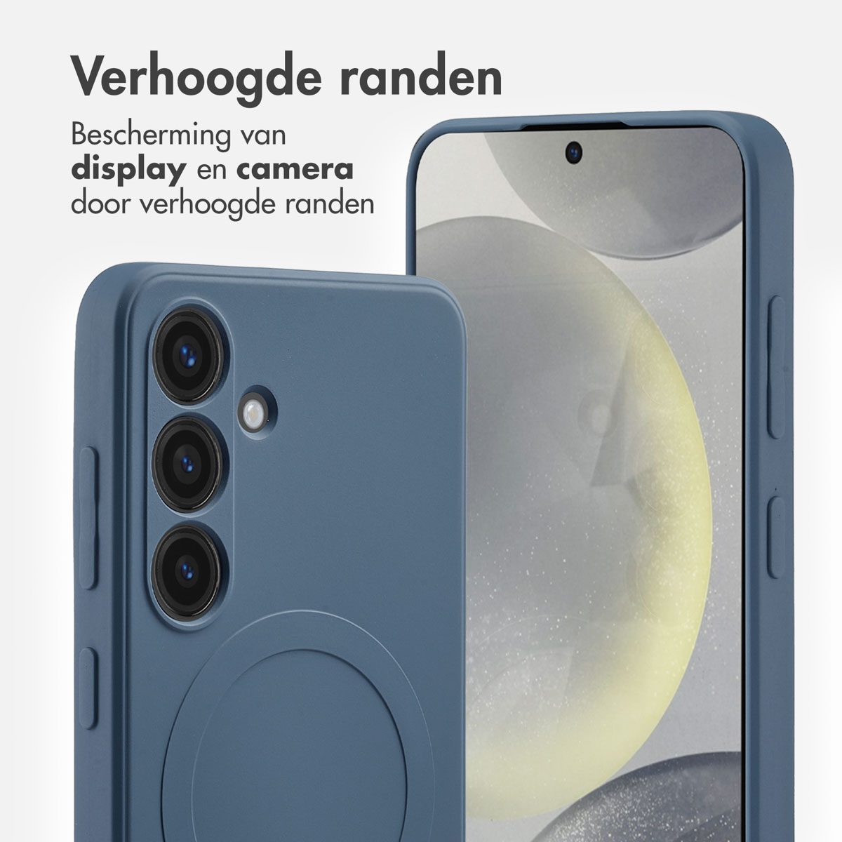Coque de téléphone bleue en gros plan montrant l'écran et la caméra.