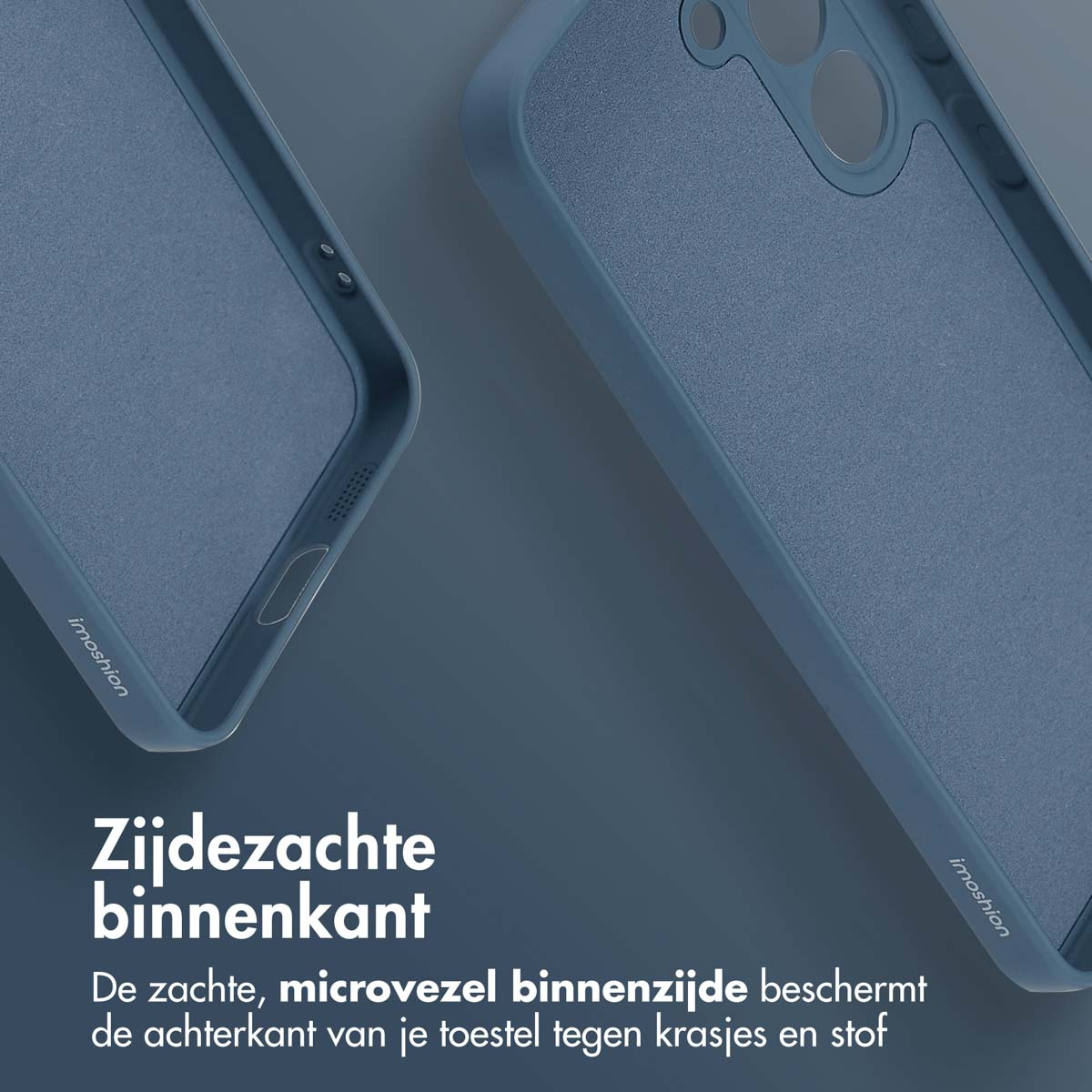 Gros plan sur l'intérieur d'une coque de téléphone. Texte en néerlandais sur l'intérieur souple pour protéger le téléphone.