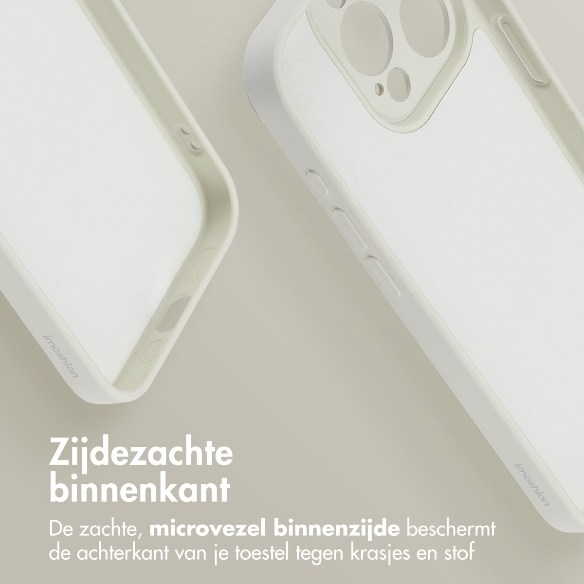 Witte telefoonhoes met een close-up van de binnenkant. Tekst 'Zijdezachte binnenkant'. Witte achtergrond.