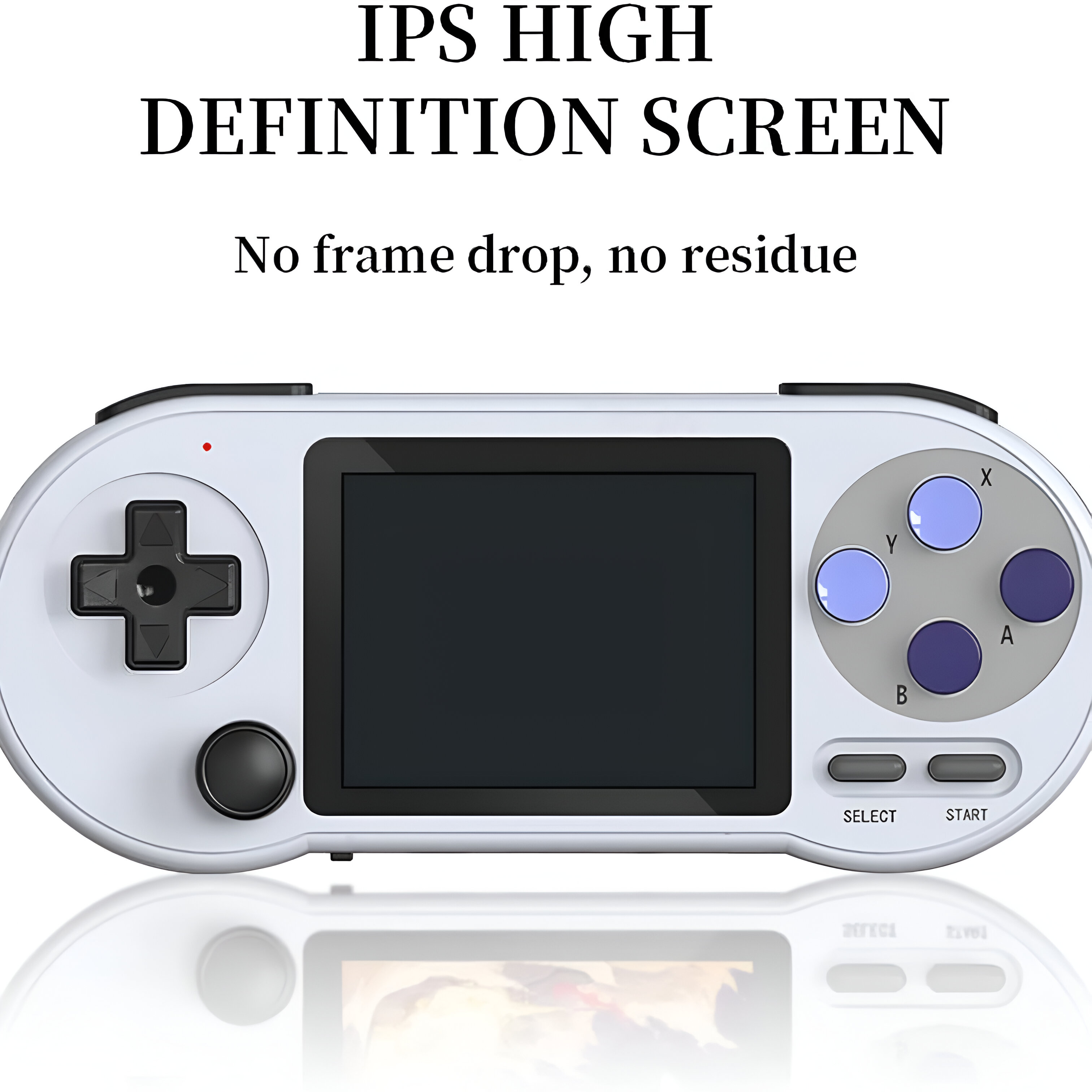 Una consola de juegos portátil blanca con pantalla negra y diseño de botones. Tiene un cuerpo blanco.