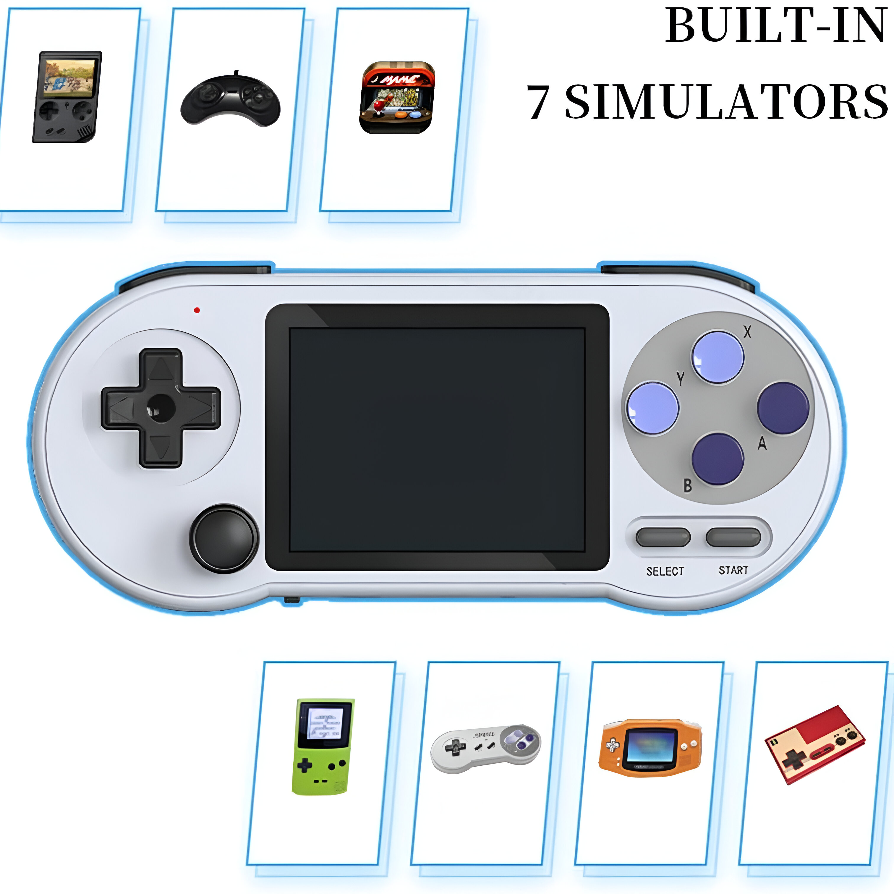 Un dispositivo de juego portátil. Tiene una pantalla, botones y está rodeado de imágenes de diferentes juegos.