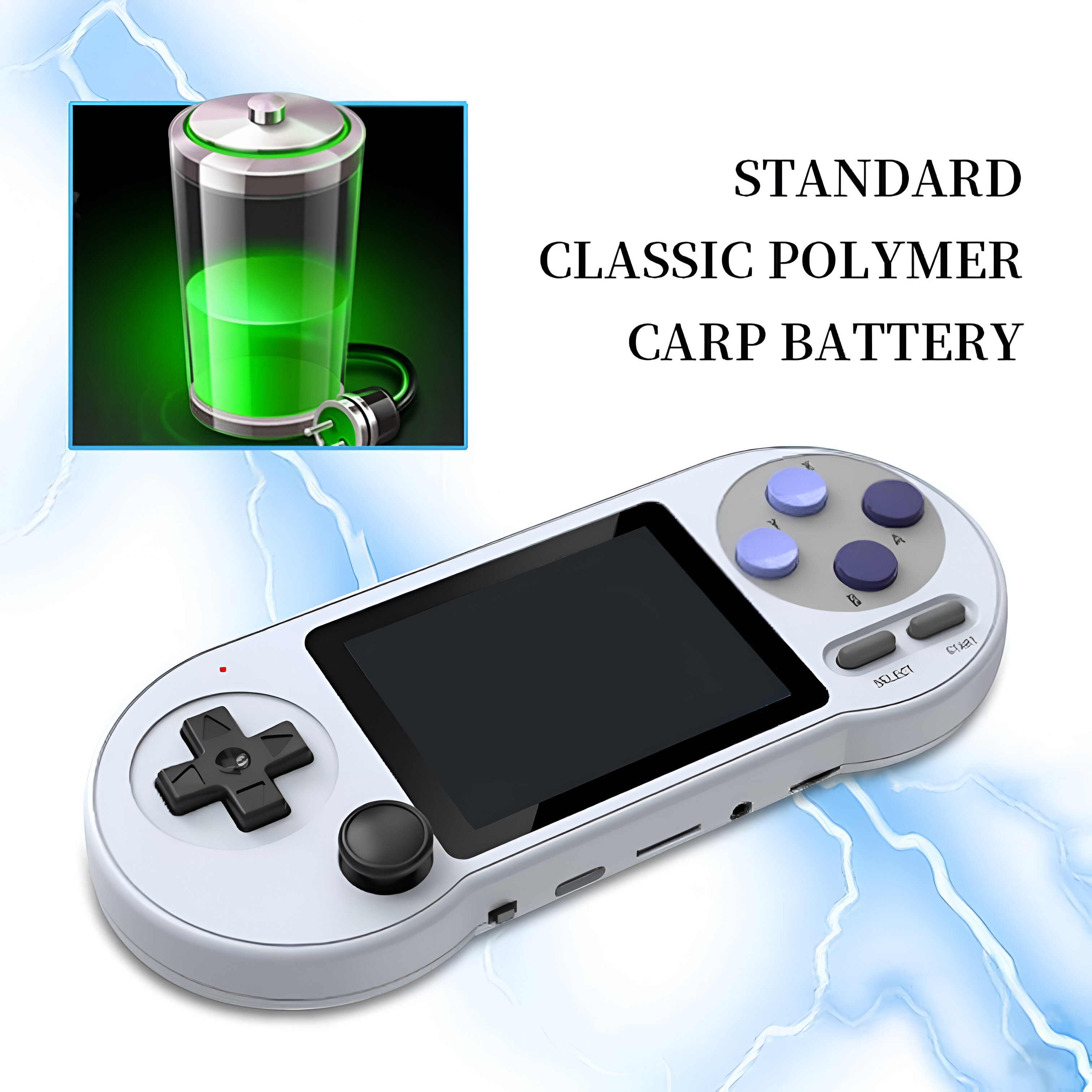 Dispositivo de juego portátil con botones, pantalla y símbolo de batería cargada.