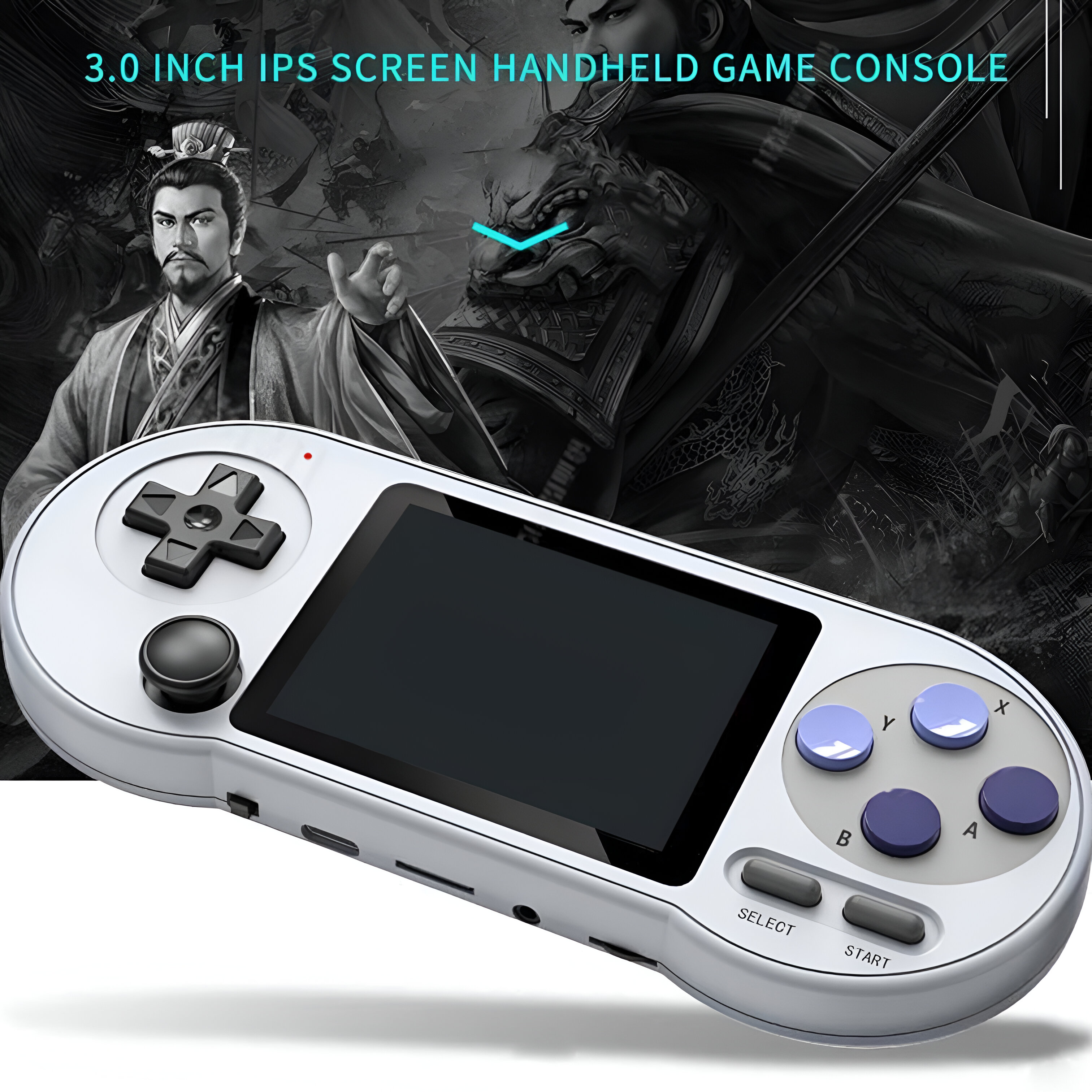 Consola de juegos portátil blanca con pantalla, botones y una imagen de guerrero.