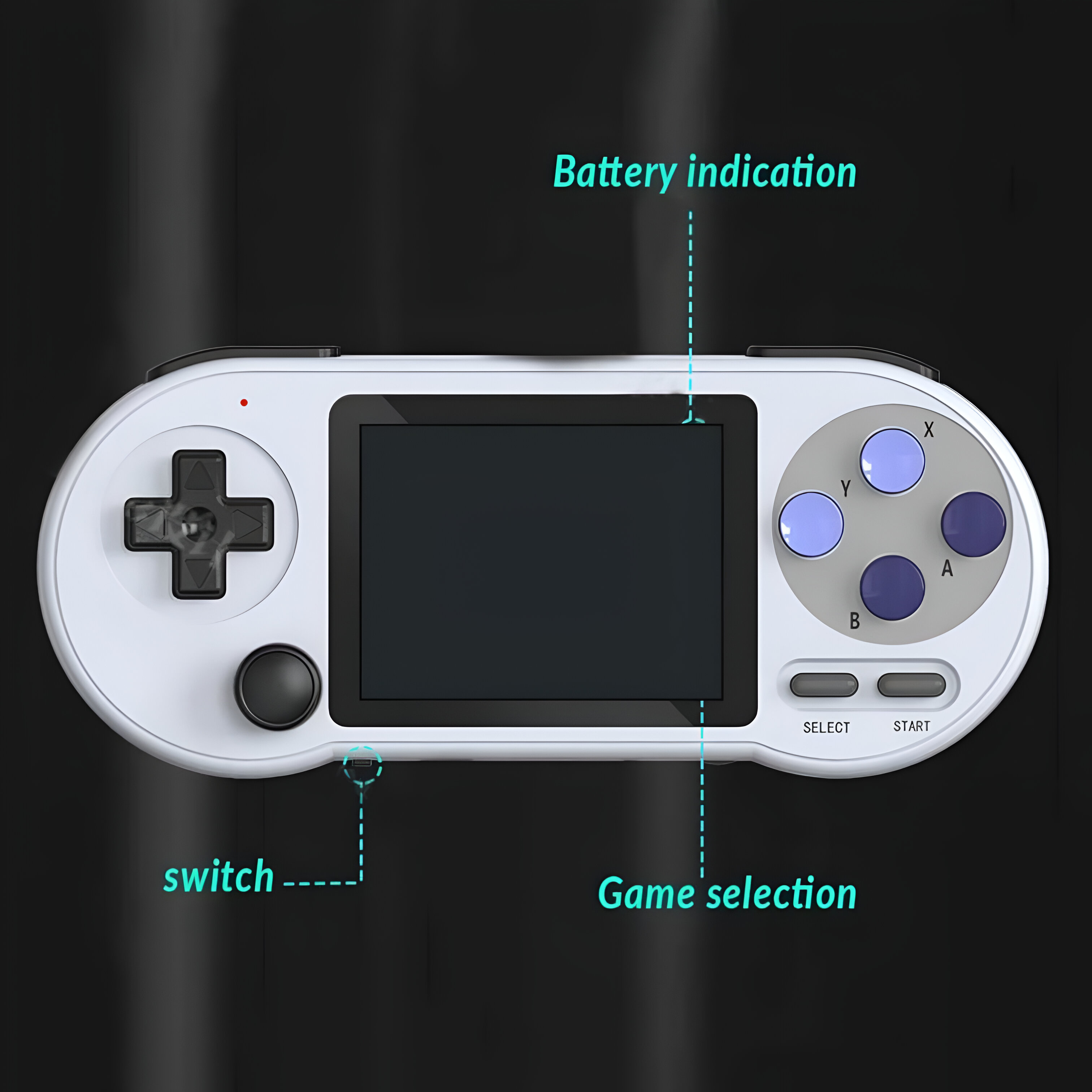 Una consola de juegos portátil blanca con botones, pantalla y etiquetas. Sobre una superficie negra.