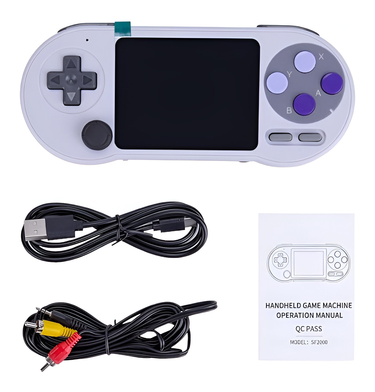 Una consola de juegos retro portátil con accesorios: un cable USB y un manual.